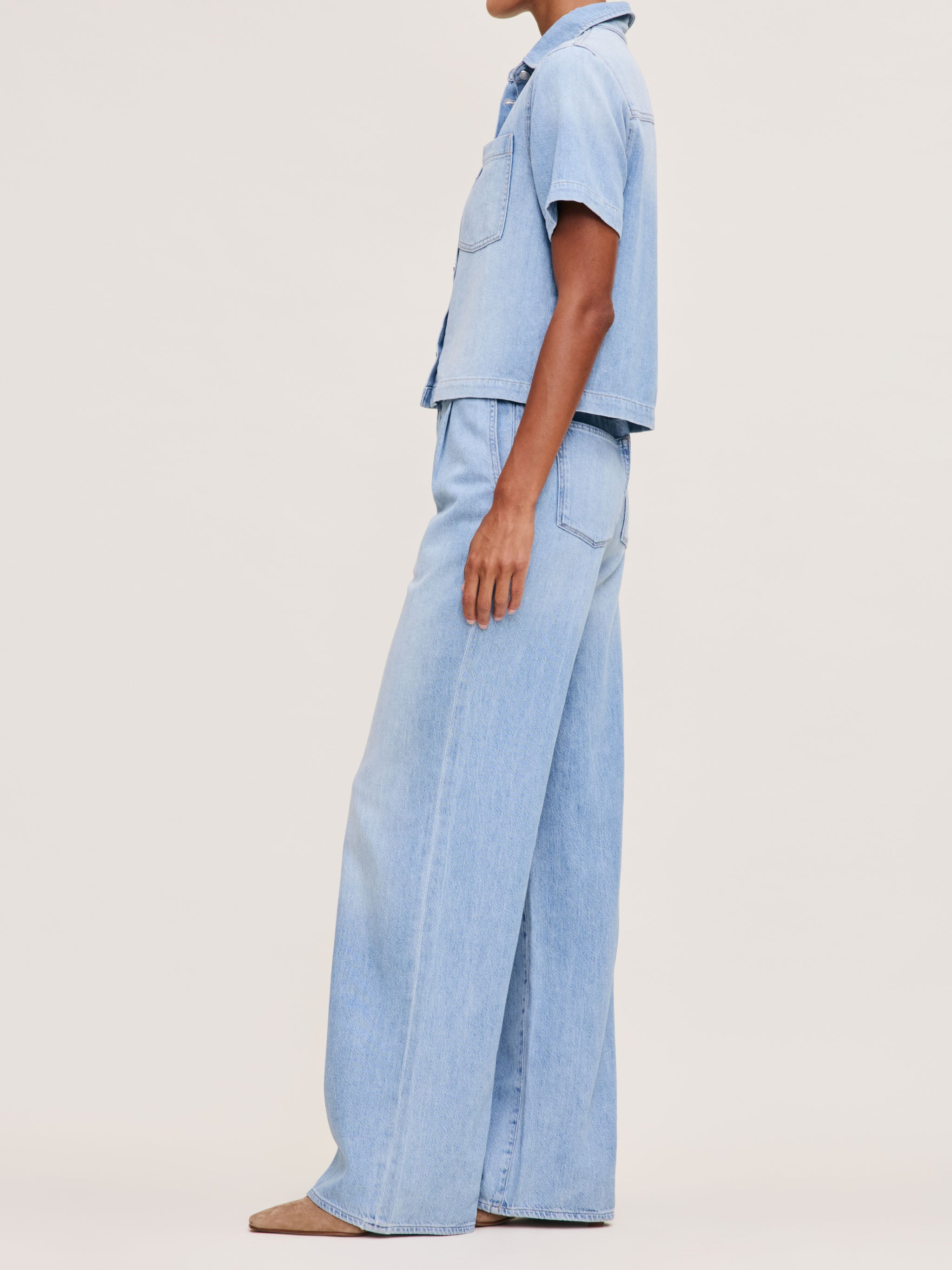 Women's Short Sleeve Blue Denim Button Down Top