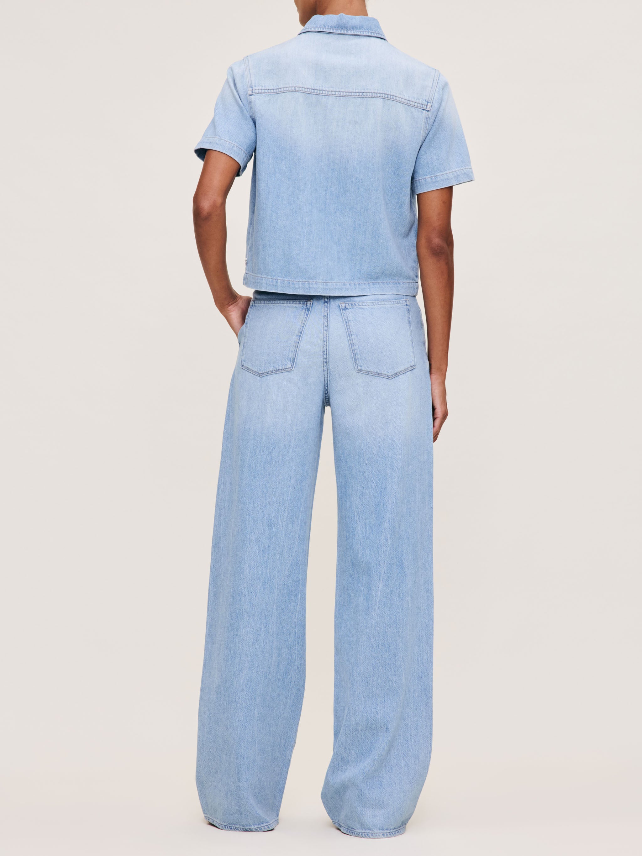 Women's Short Sleeve Blue Denim Button Down Top