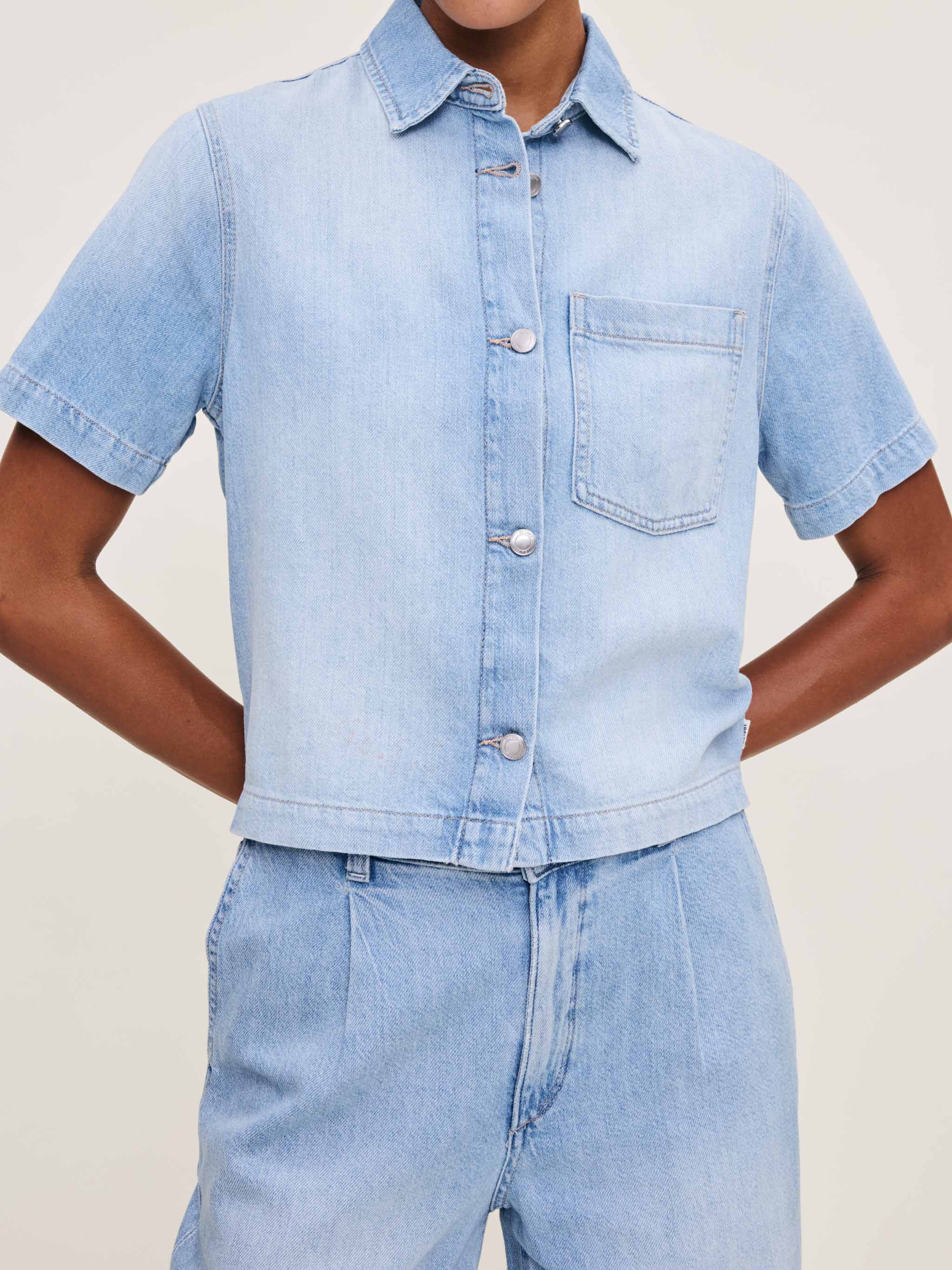 Women's Short Sleeve Blue Denim Button Down Top