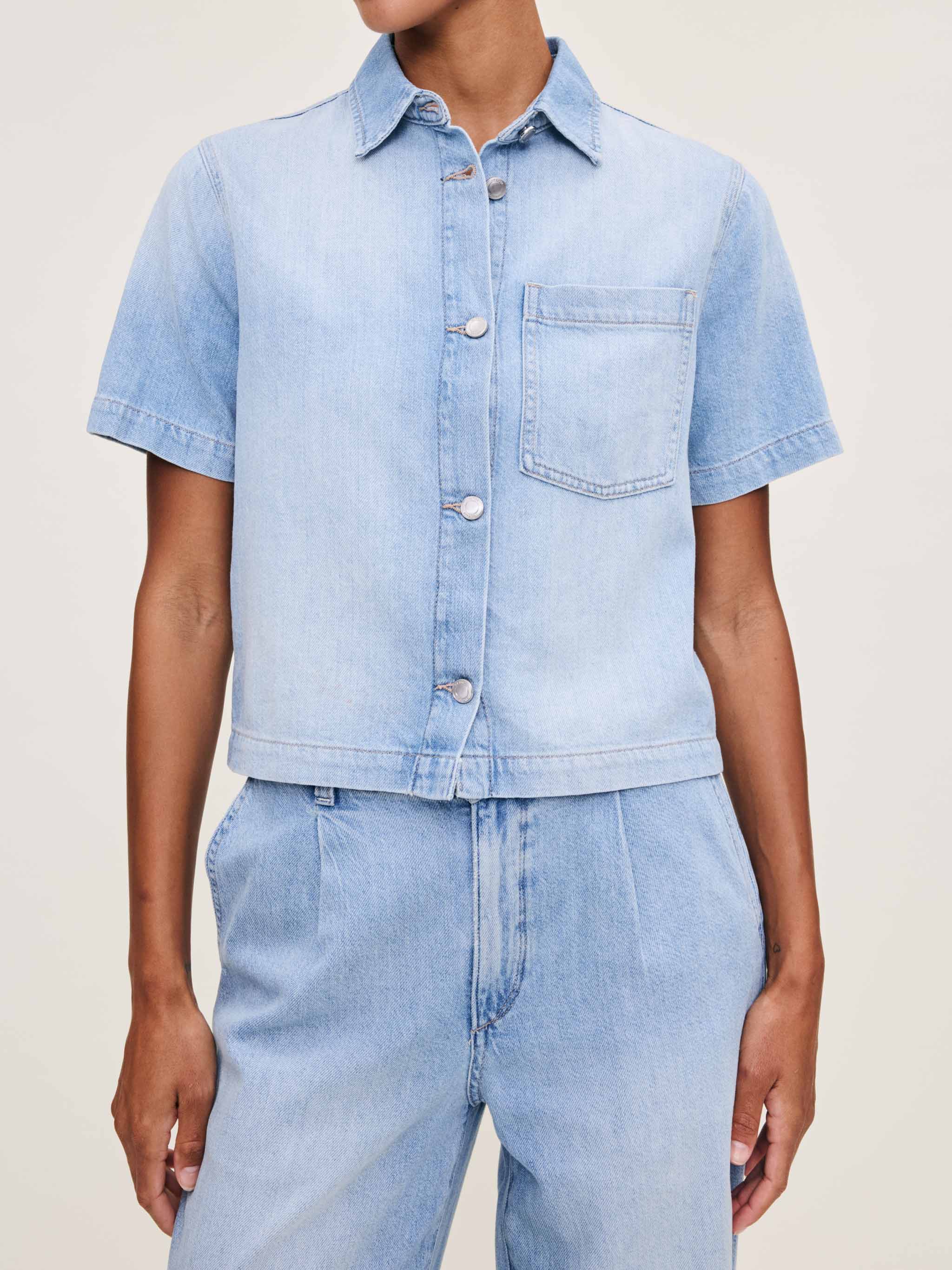 Women's Short Sleeve Blue Denim Button Down Top