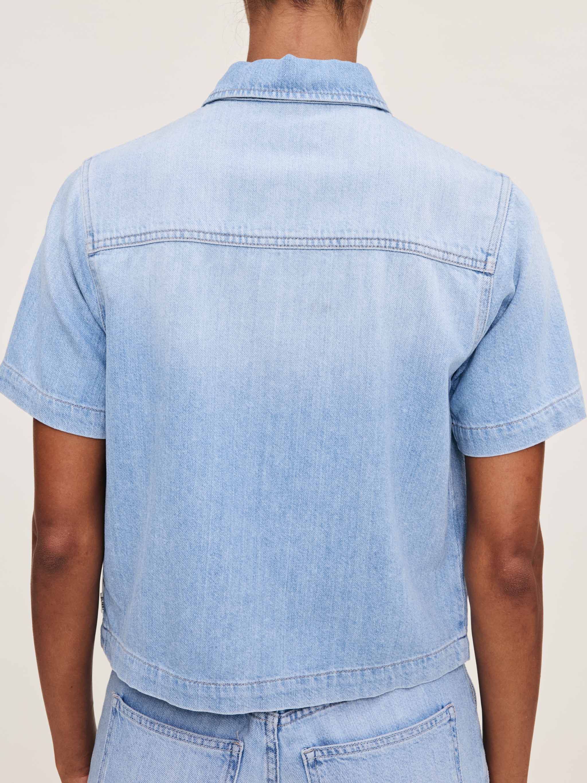 Women's Short Sleeve Blue Denim Button Down Top