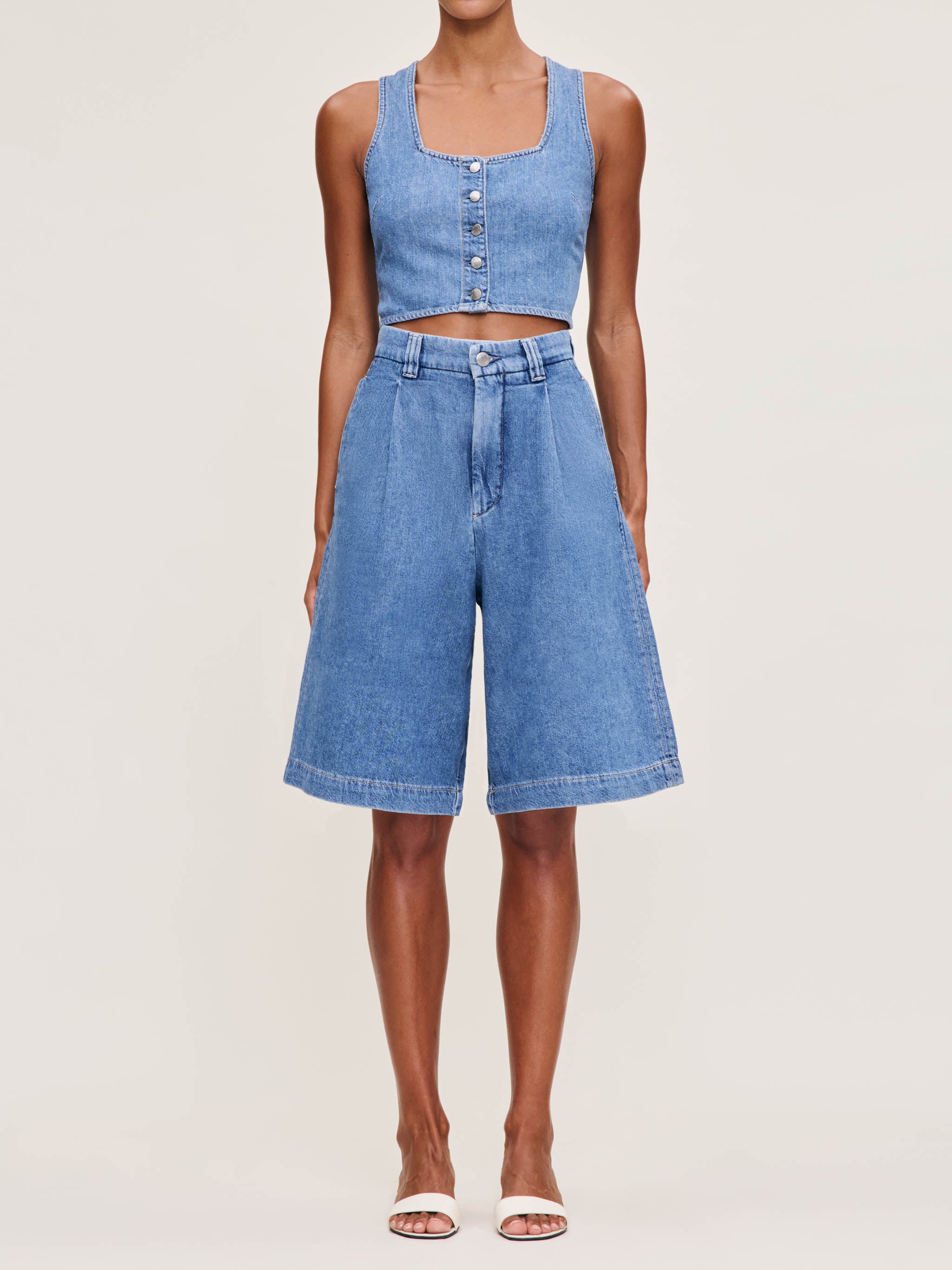 Women's Pleated Blue Jean Shorts