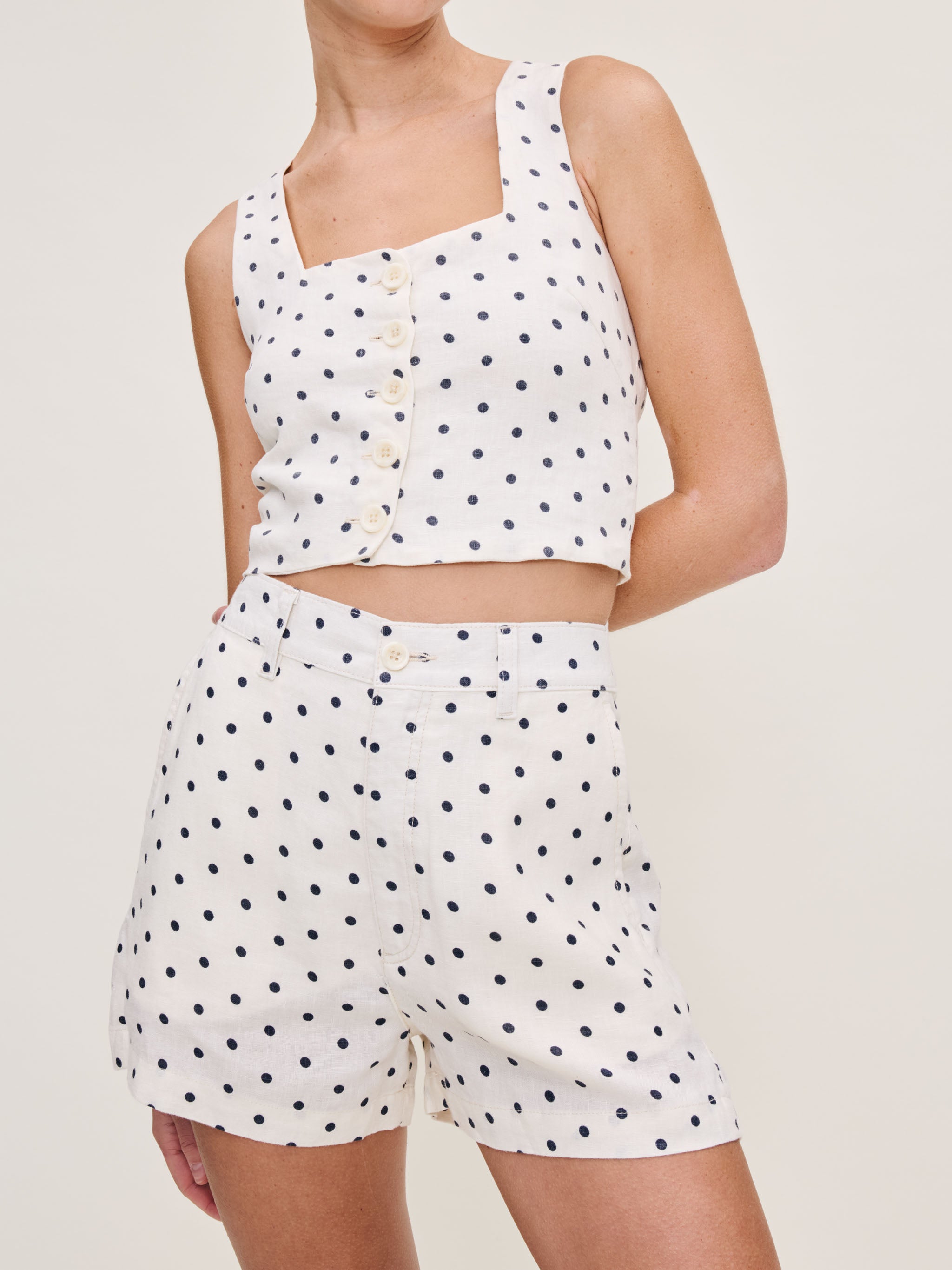 Women's Navy and White Polka Dot Linen Shorts