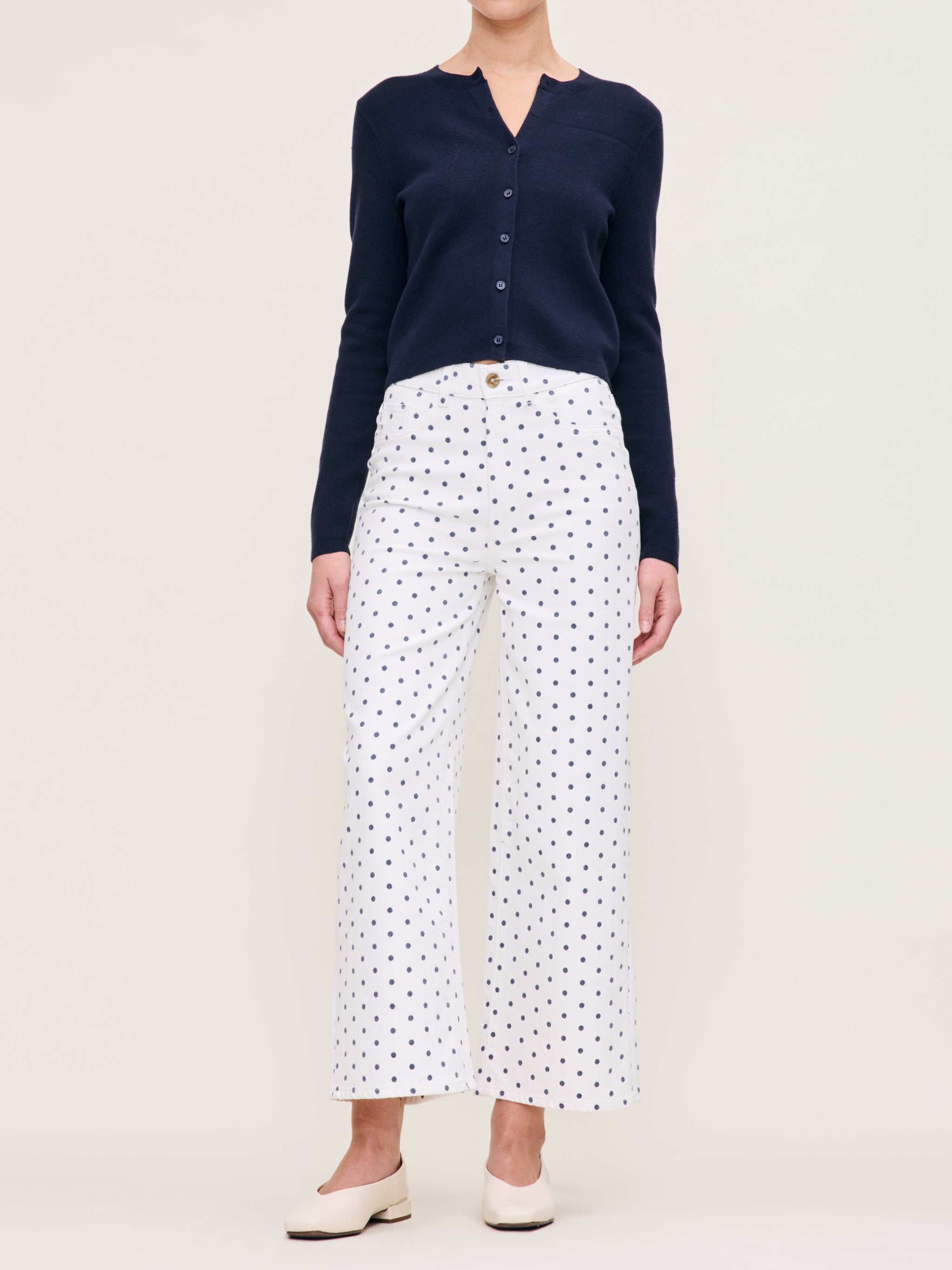 Women's High Rise Wide Leg White and Blue Polka Dot Ankle Jeans