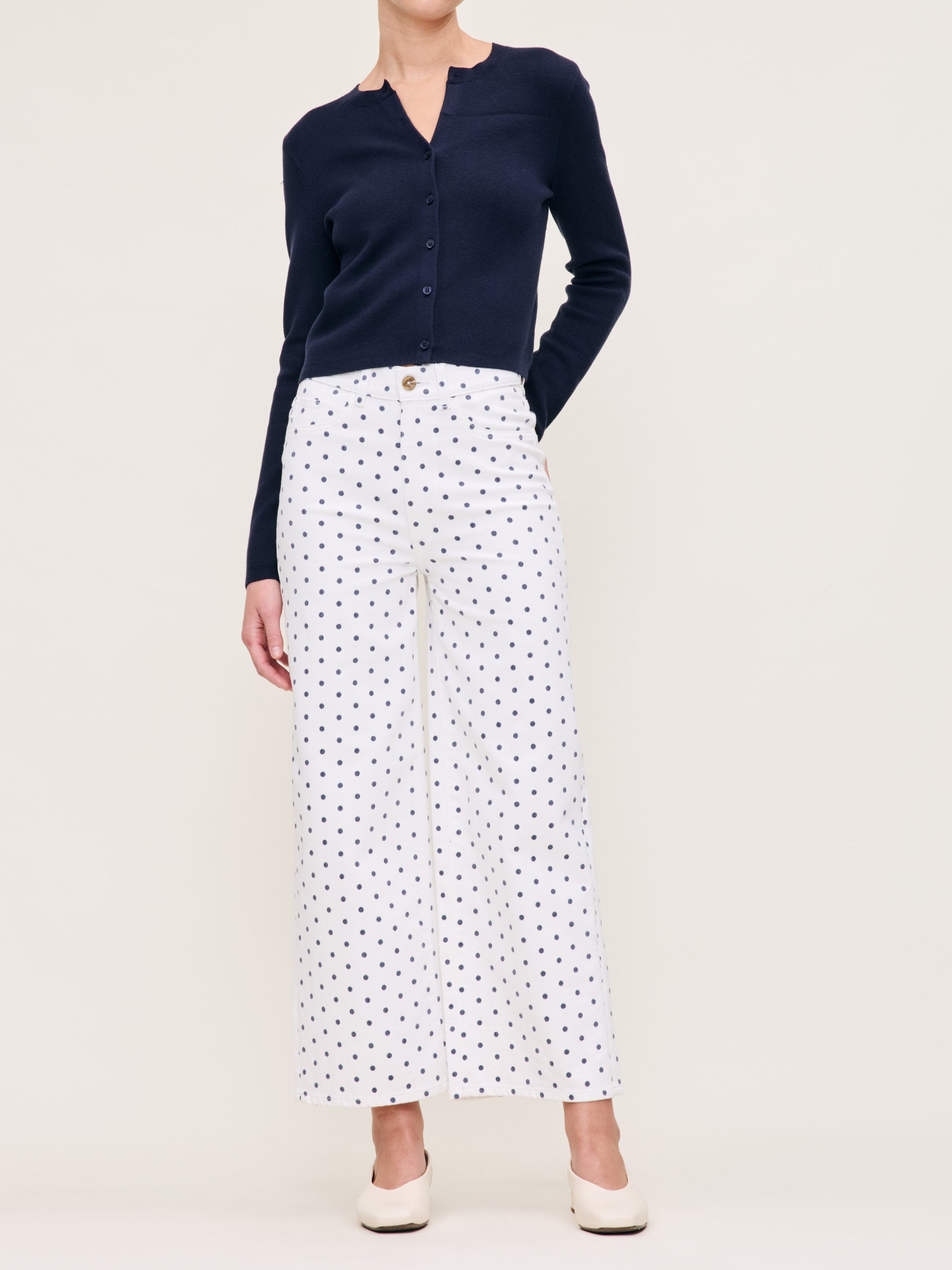 Women's High Rise Wide Leg White and Blue Polka Dot Ankle Jeans