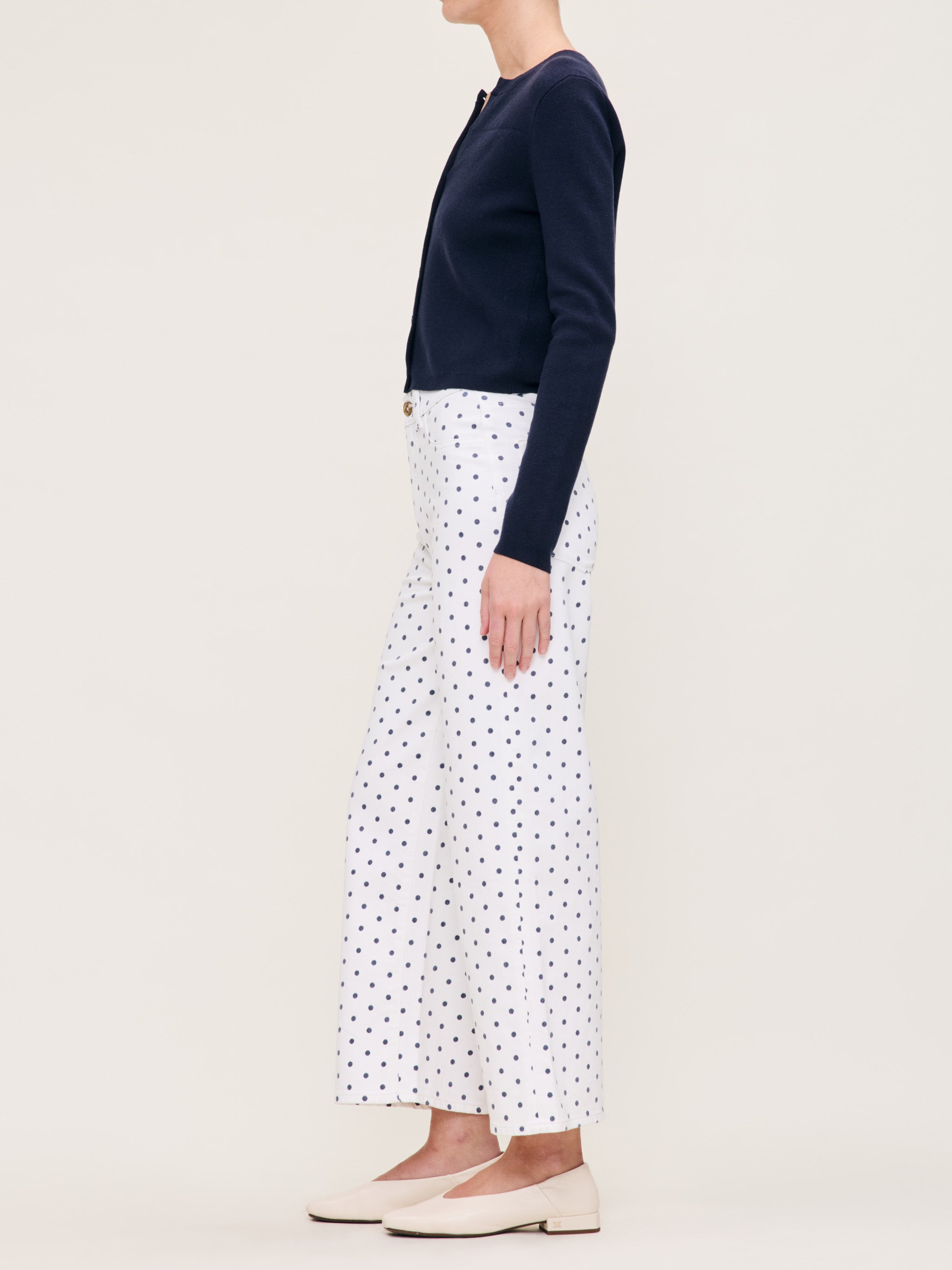 Women's High Rise Wide Leg White and Blue Polka Dot Ankle Jeans