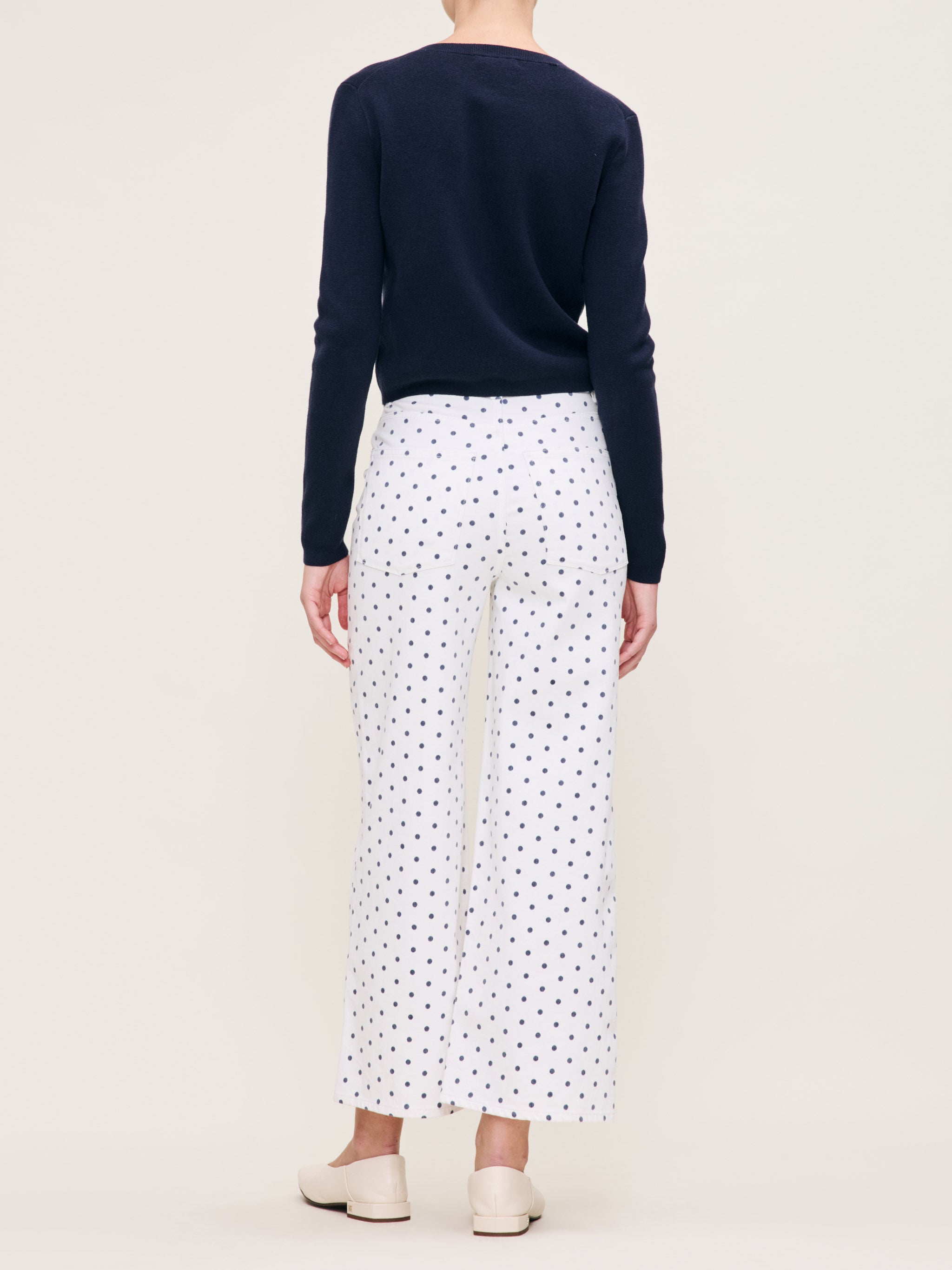 Women's High Rise Wide Leg White and Blue Polka Dot Ankle Jeans
