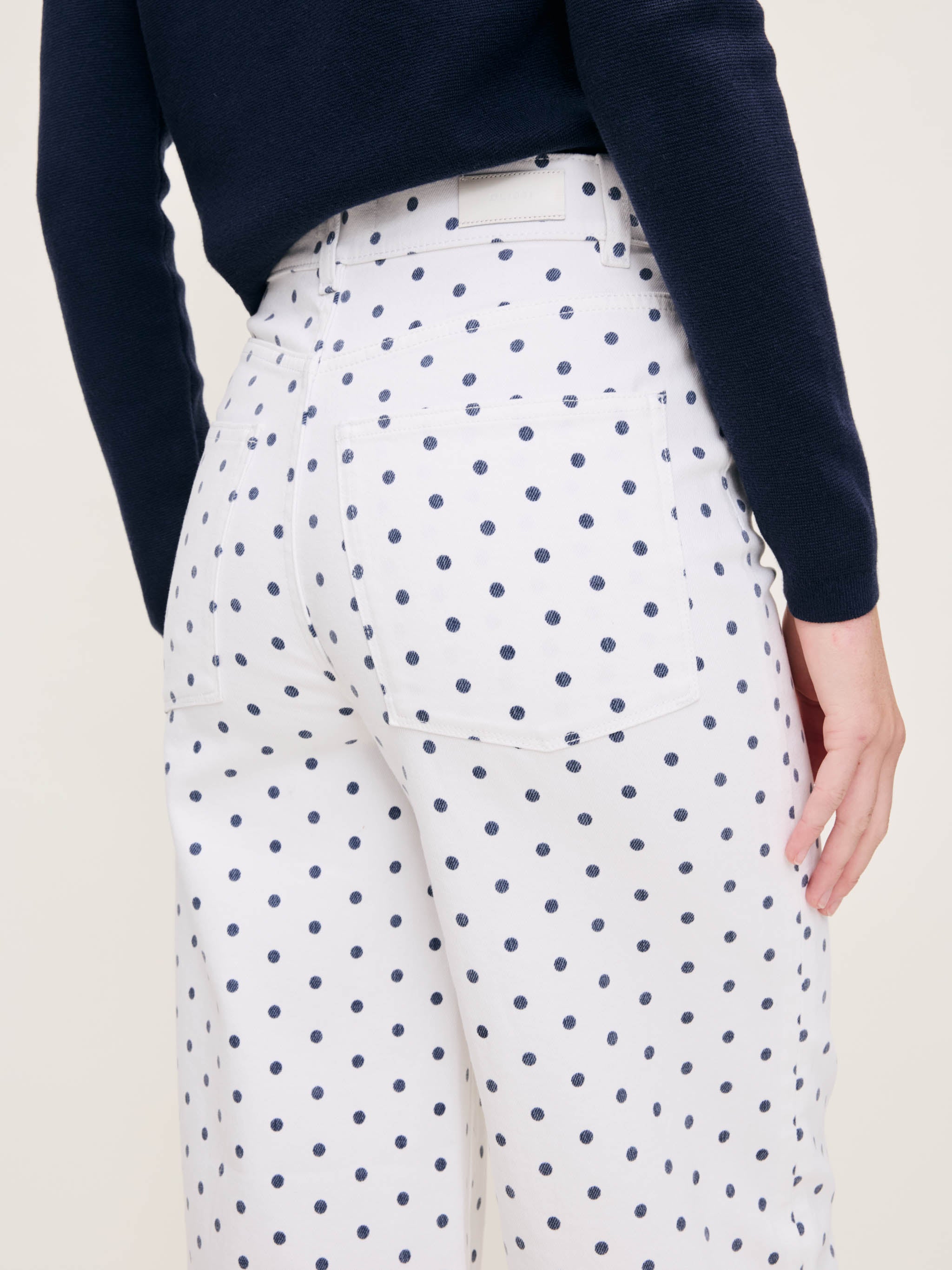 Women's High Rise Wide Leg White and Blue Polka Dot Ankle Jeans