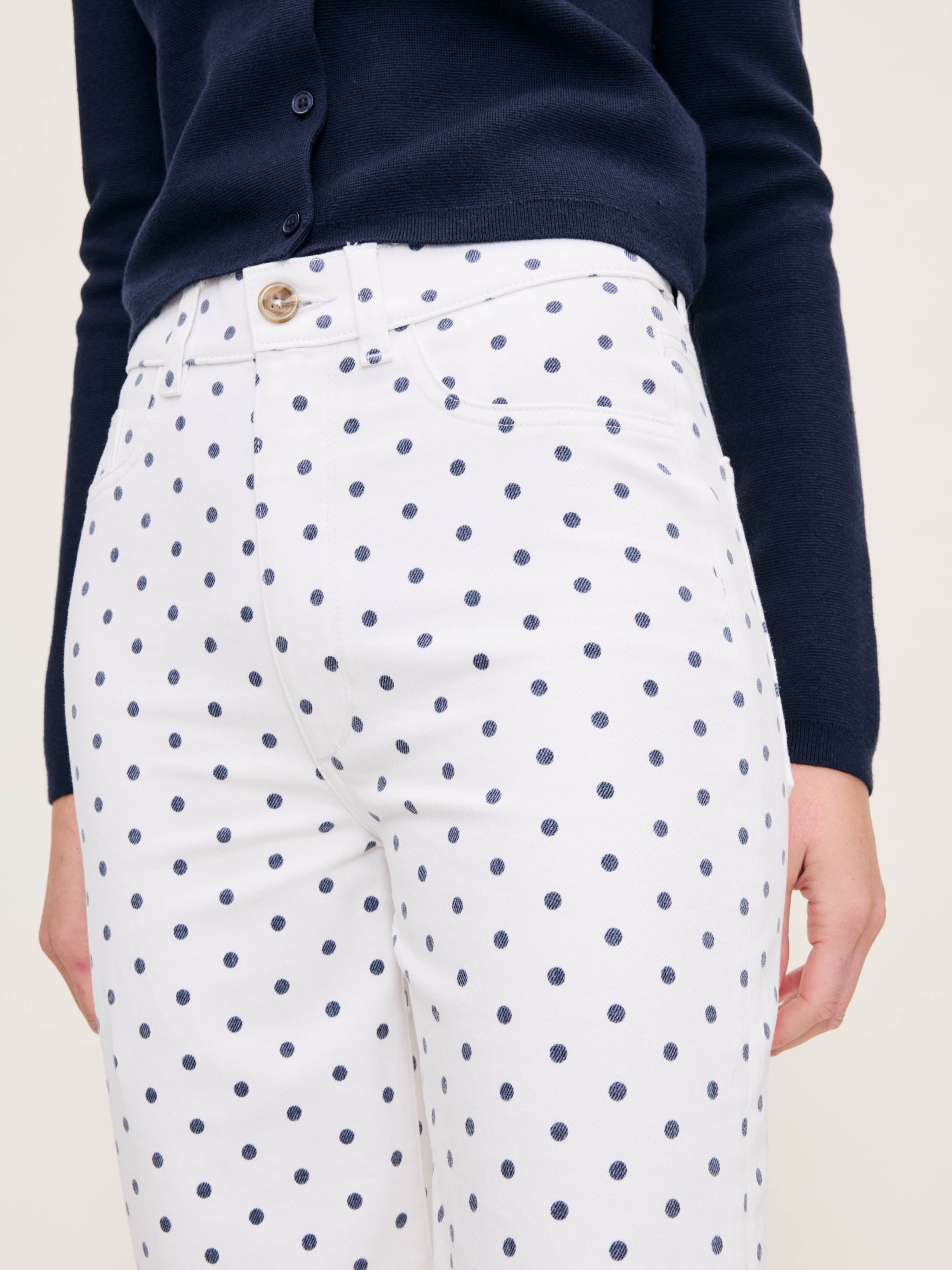 Women's High Rise Wide Leg White and Blue Polka Dot Ankle Jeans