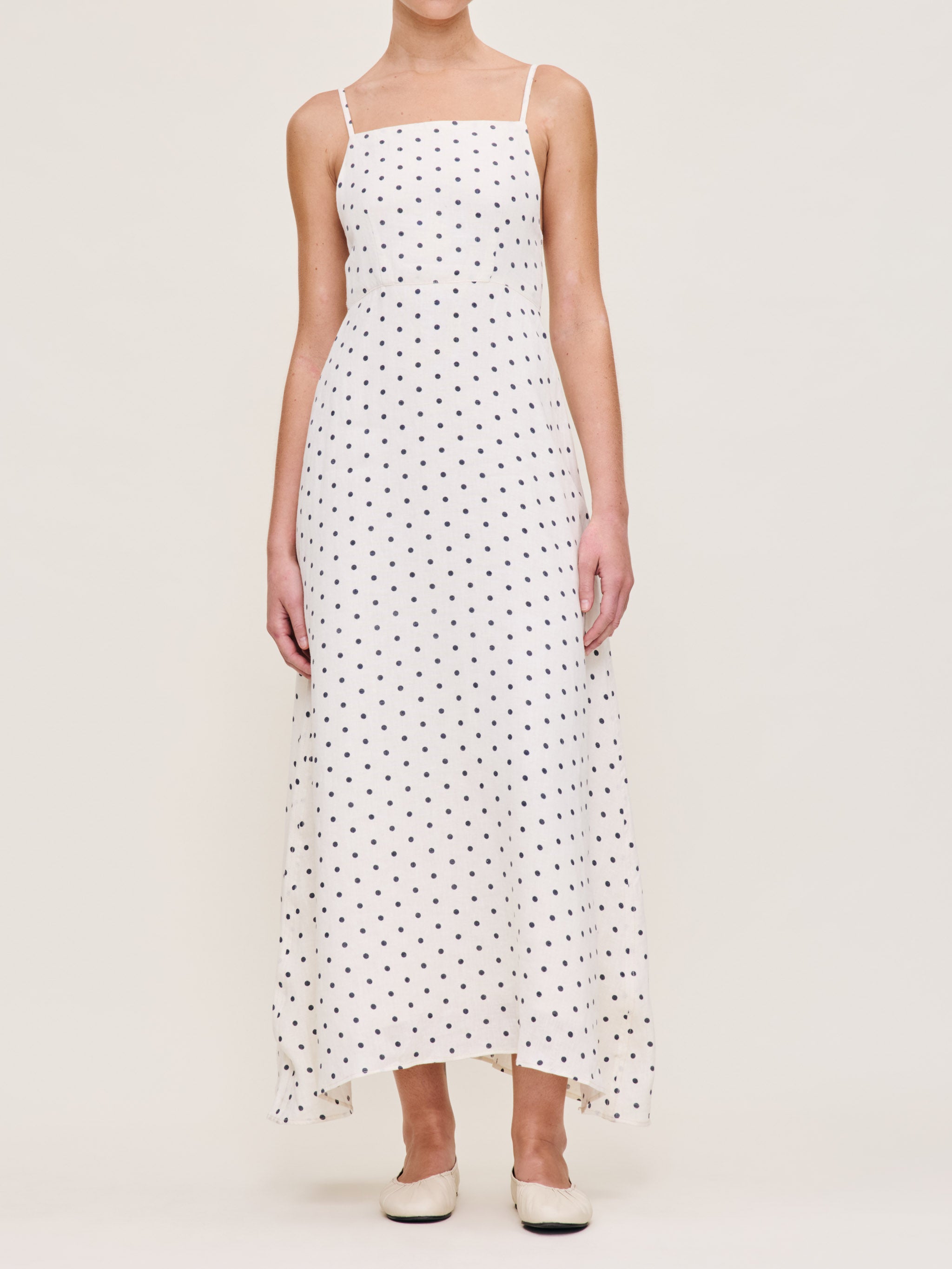 Women's Blue and White Polka Dot Linen Dress