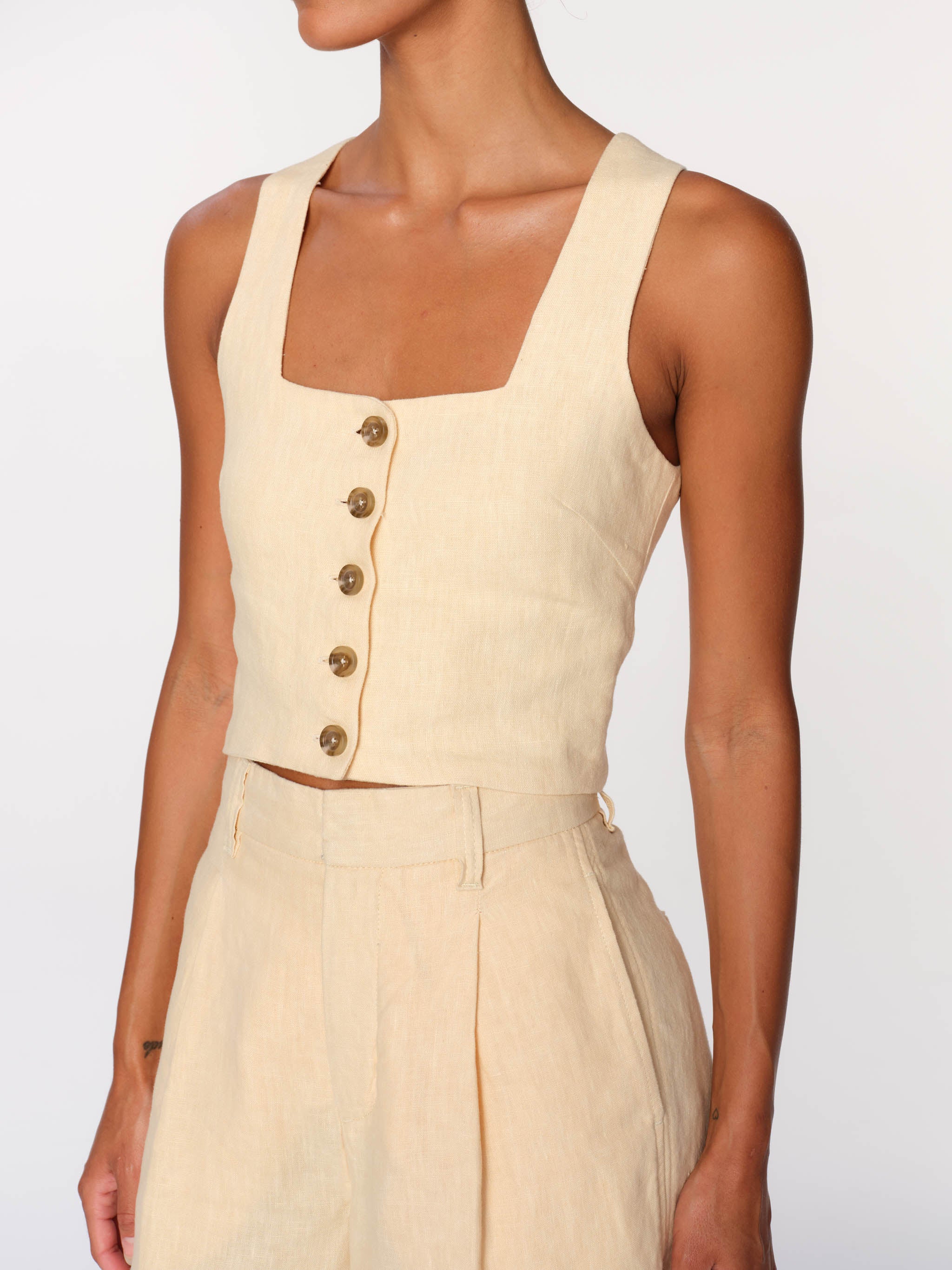 Women's Yellow Linen Cropped Tank Top
