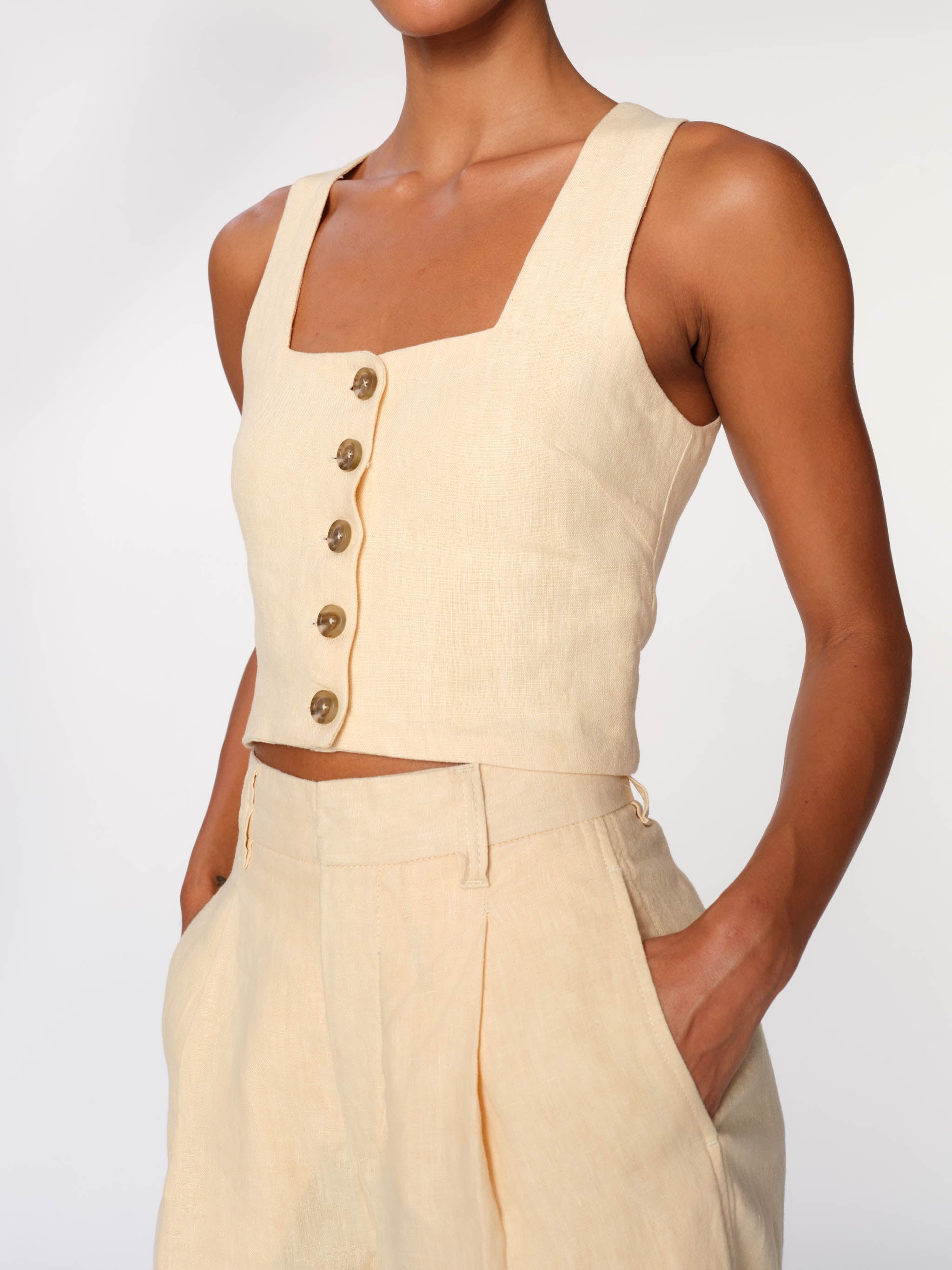 Women's Yellow Linen Cropped Tank Top