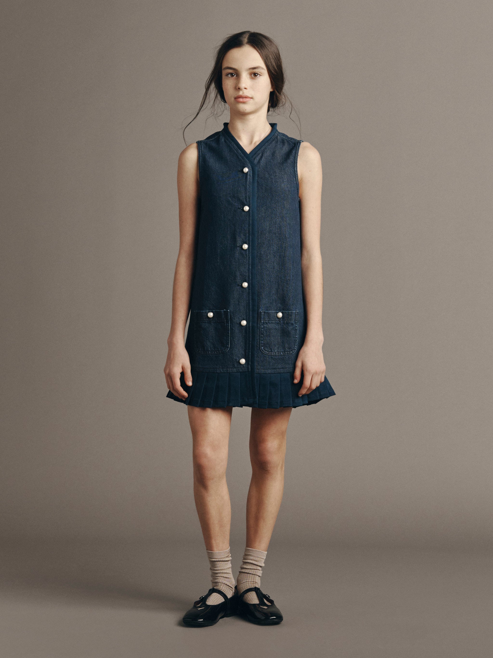 DL1961 Kids girls' Manning vest dress in Deep Water, full-length front view in a studio.