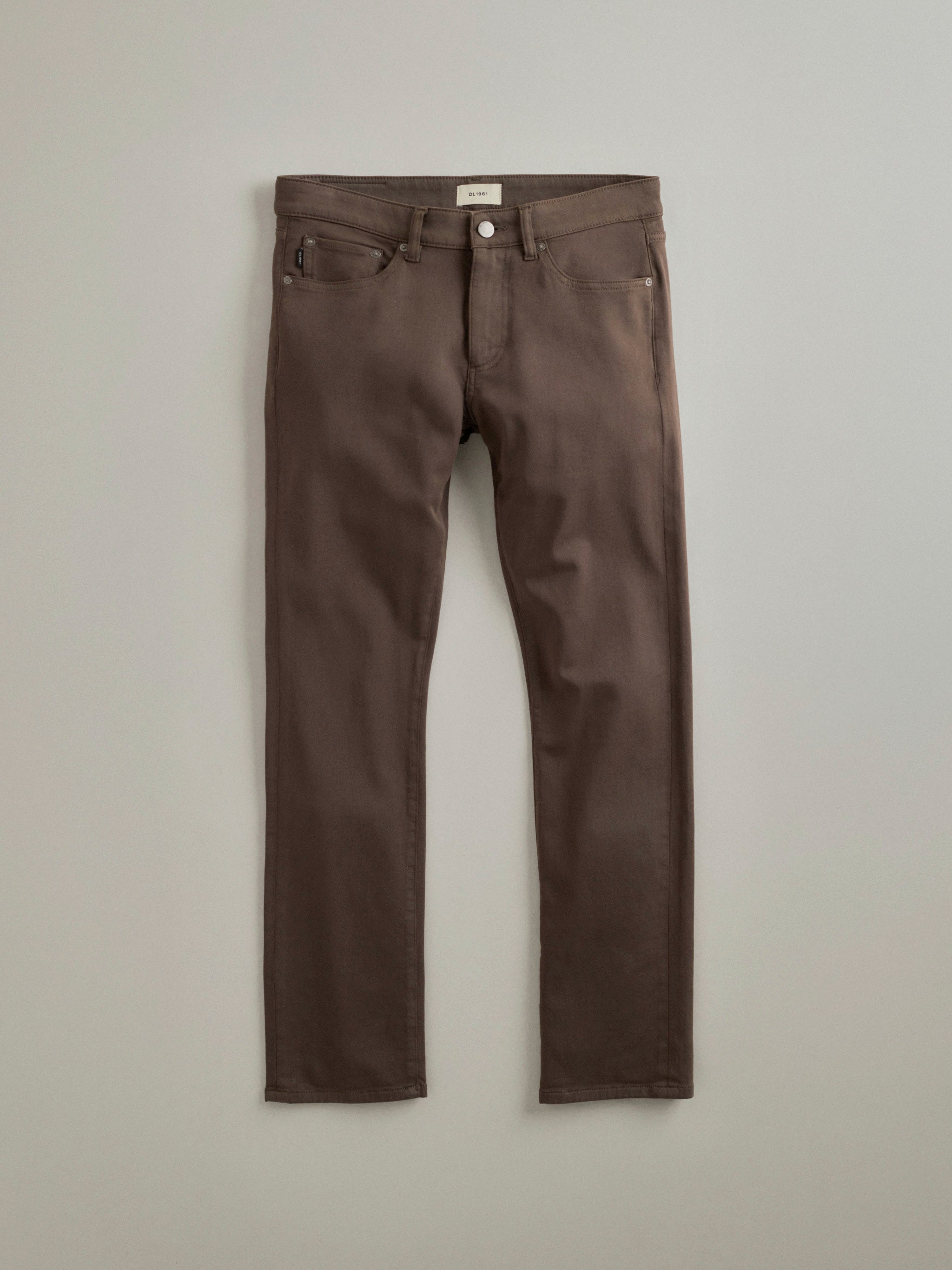 DL1961 men's jeans in brown 'Woodland', flat lay front view.
