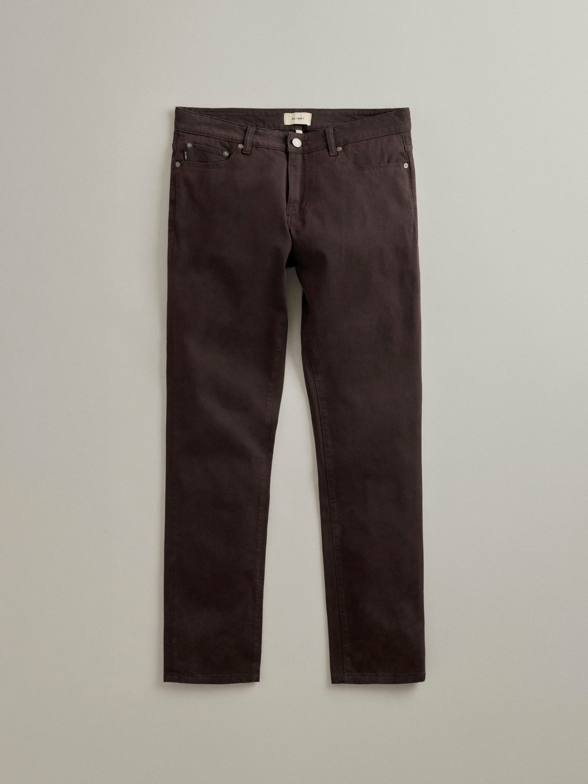 DL1961 men's pants in deep espresso brown 'Lacquer', flat lay front view.