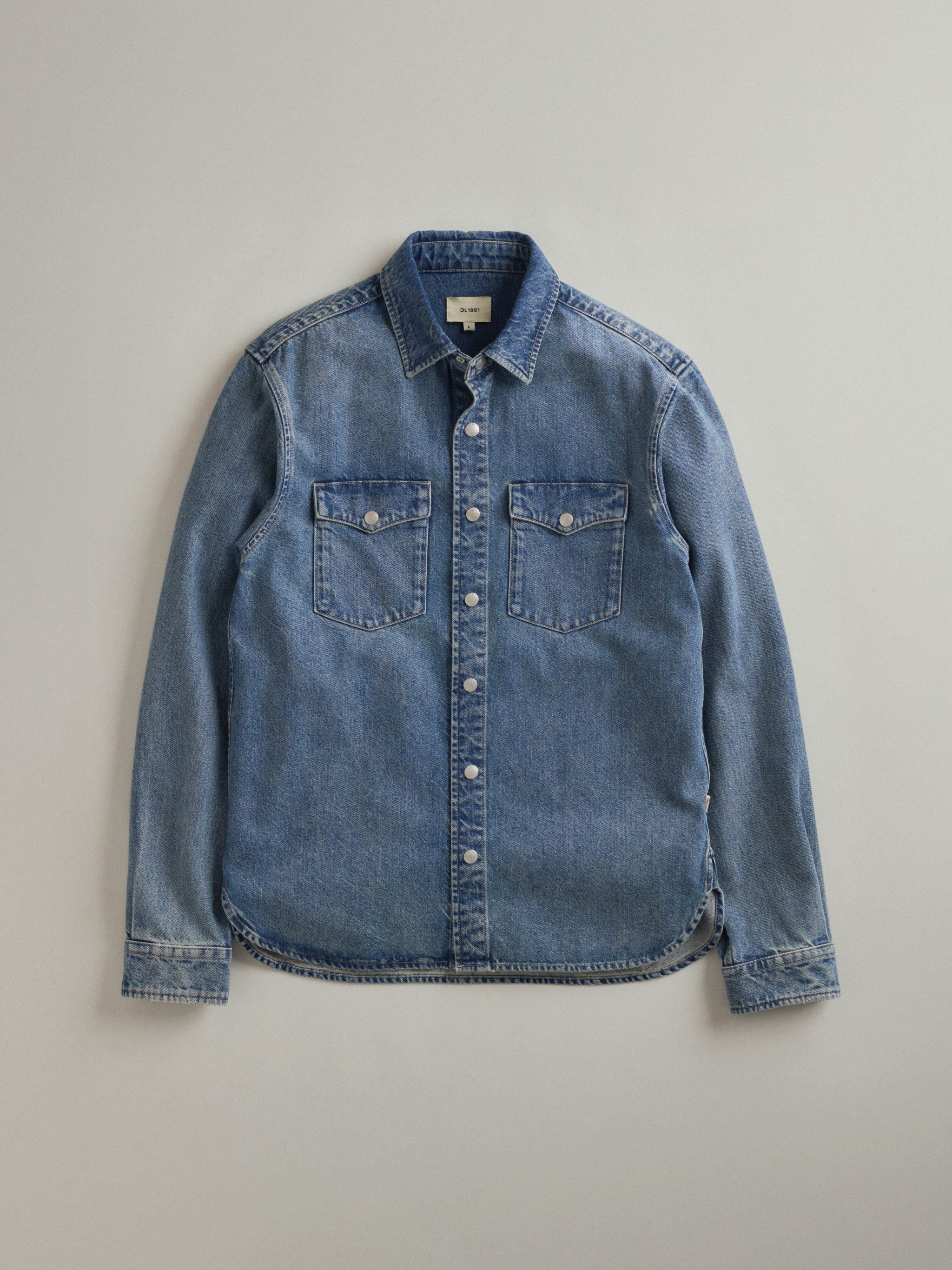 DL1961 men's Dominick Denim Shirt in blue 'Dark Lapis', flat lay front view.