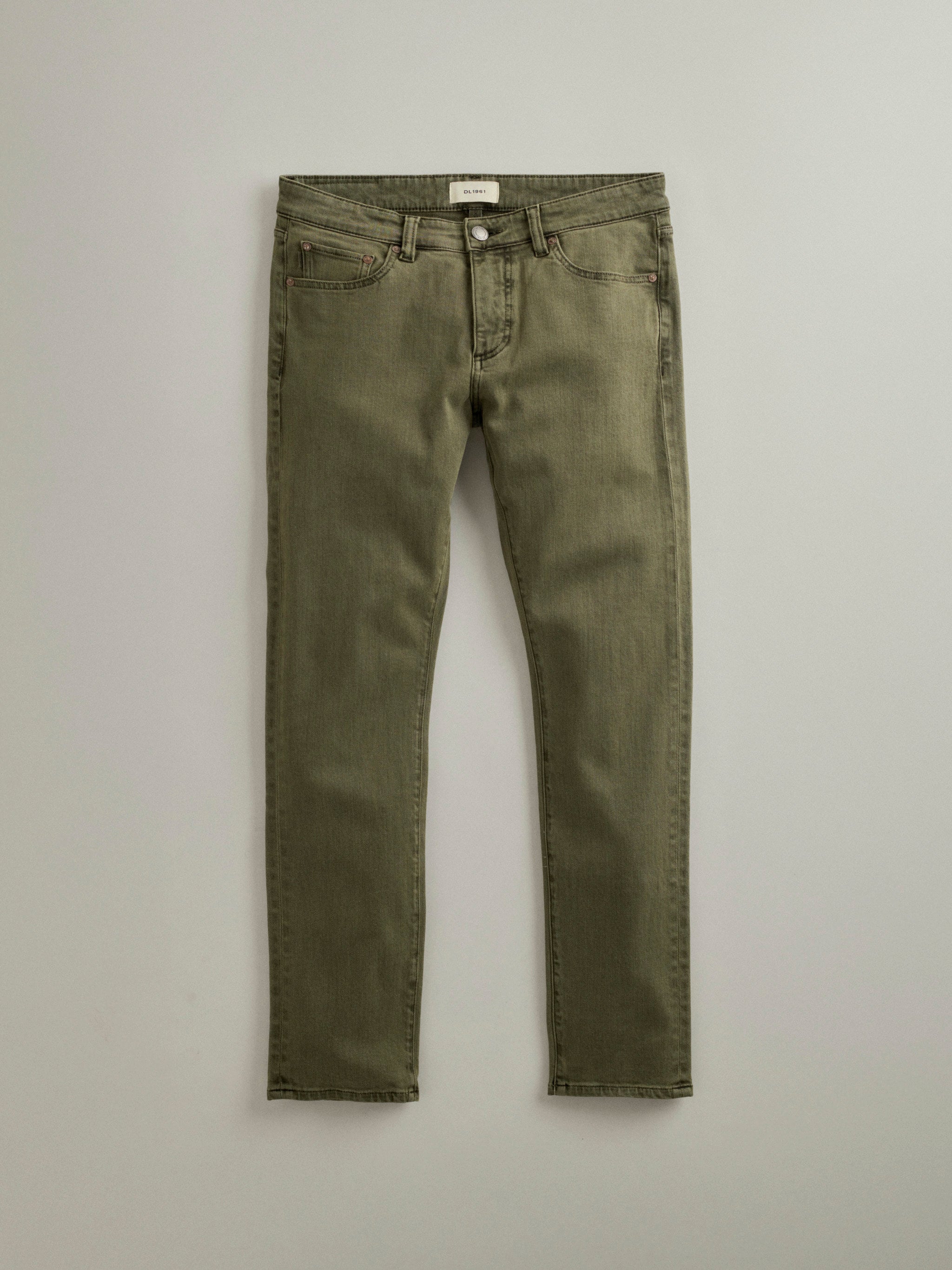 DL1961 men's Russell Slim Straight jeans in olive green 'Outpost', flat lay front view showing the slim straight leg.