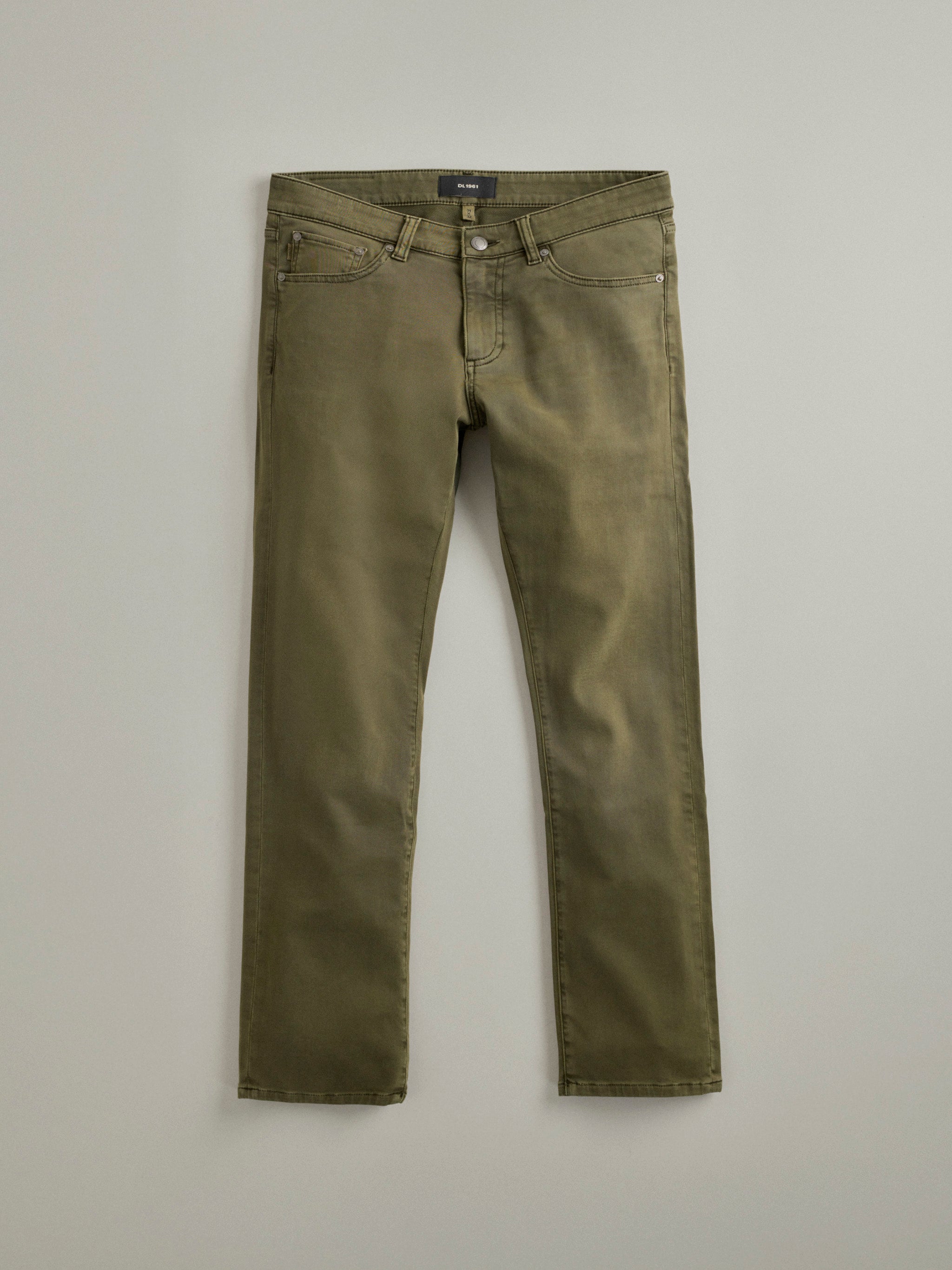 DL1961 men's jeans in olive 'Olive', flat lay front view.