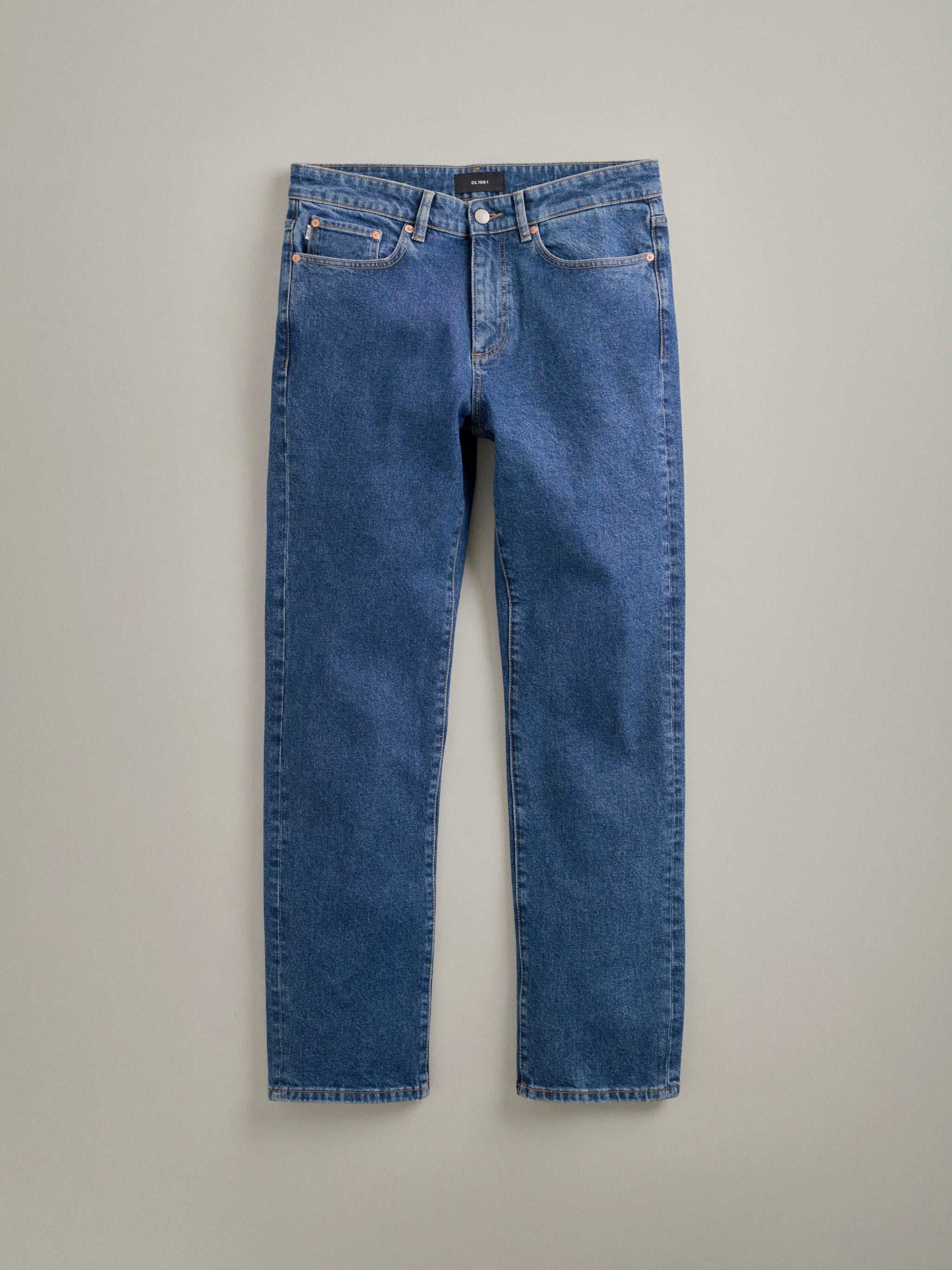 DL1961 men's Chris Modern Straight jeans in medium blue 'North Beach', flat lay front view showing the relaxed straight leg.
