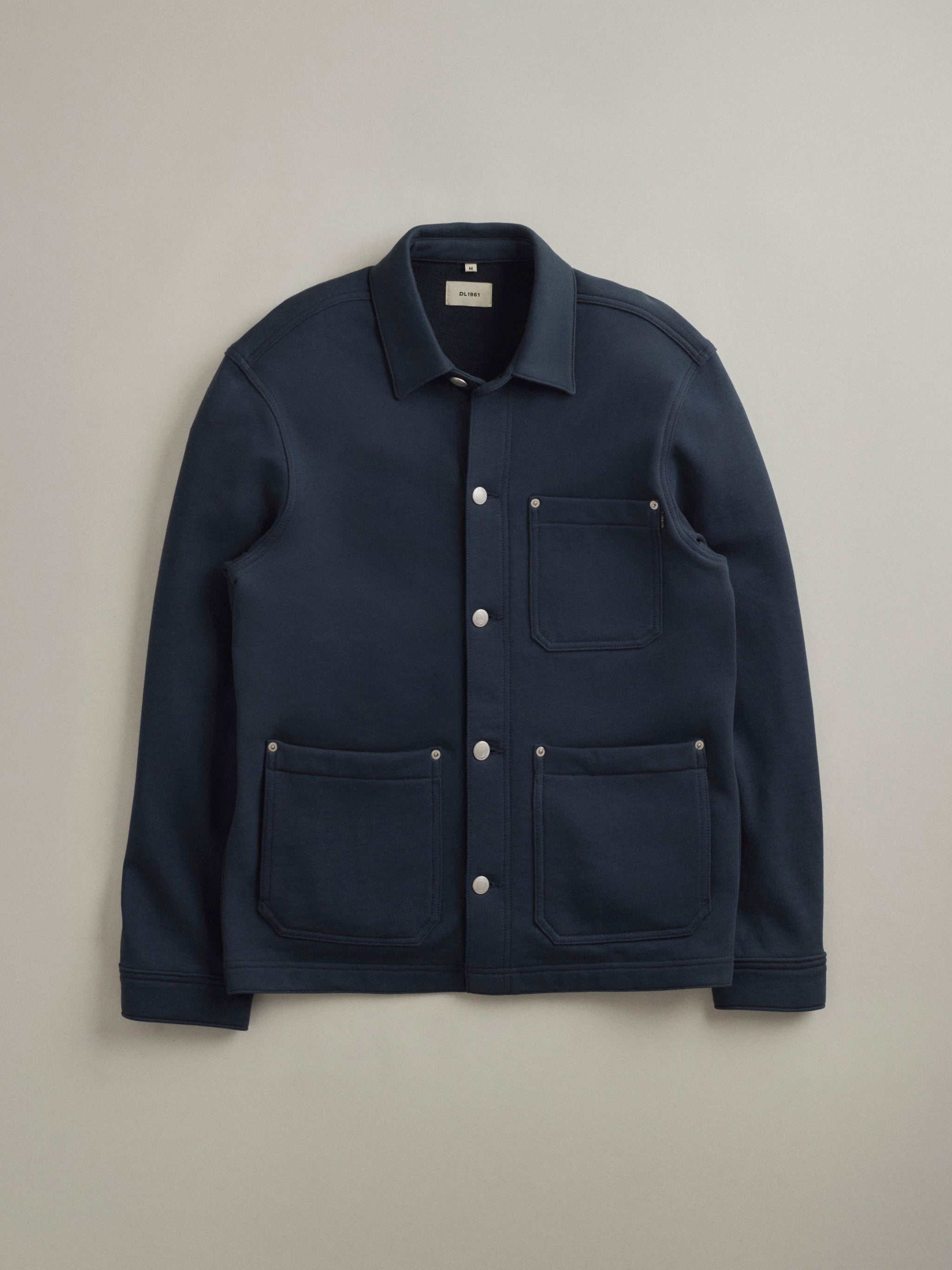 DL1961 men's Sean Knit Shirt Jacket in 'Classic Navy', flat lay front view.