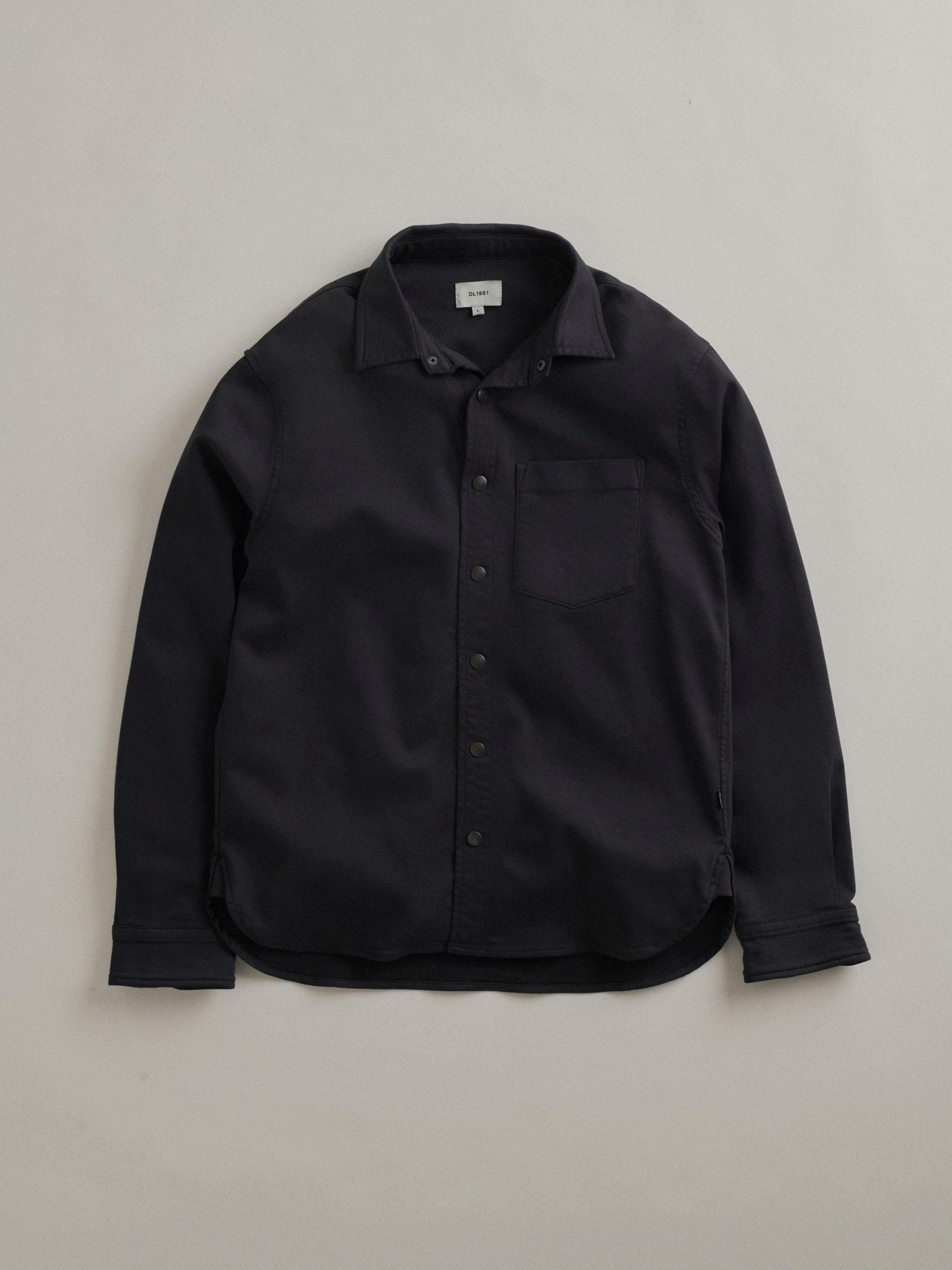 DL1961 men's Dominick Knit Denim Shirt in black 'Cavern', flat lay front view.