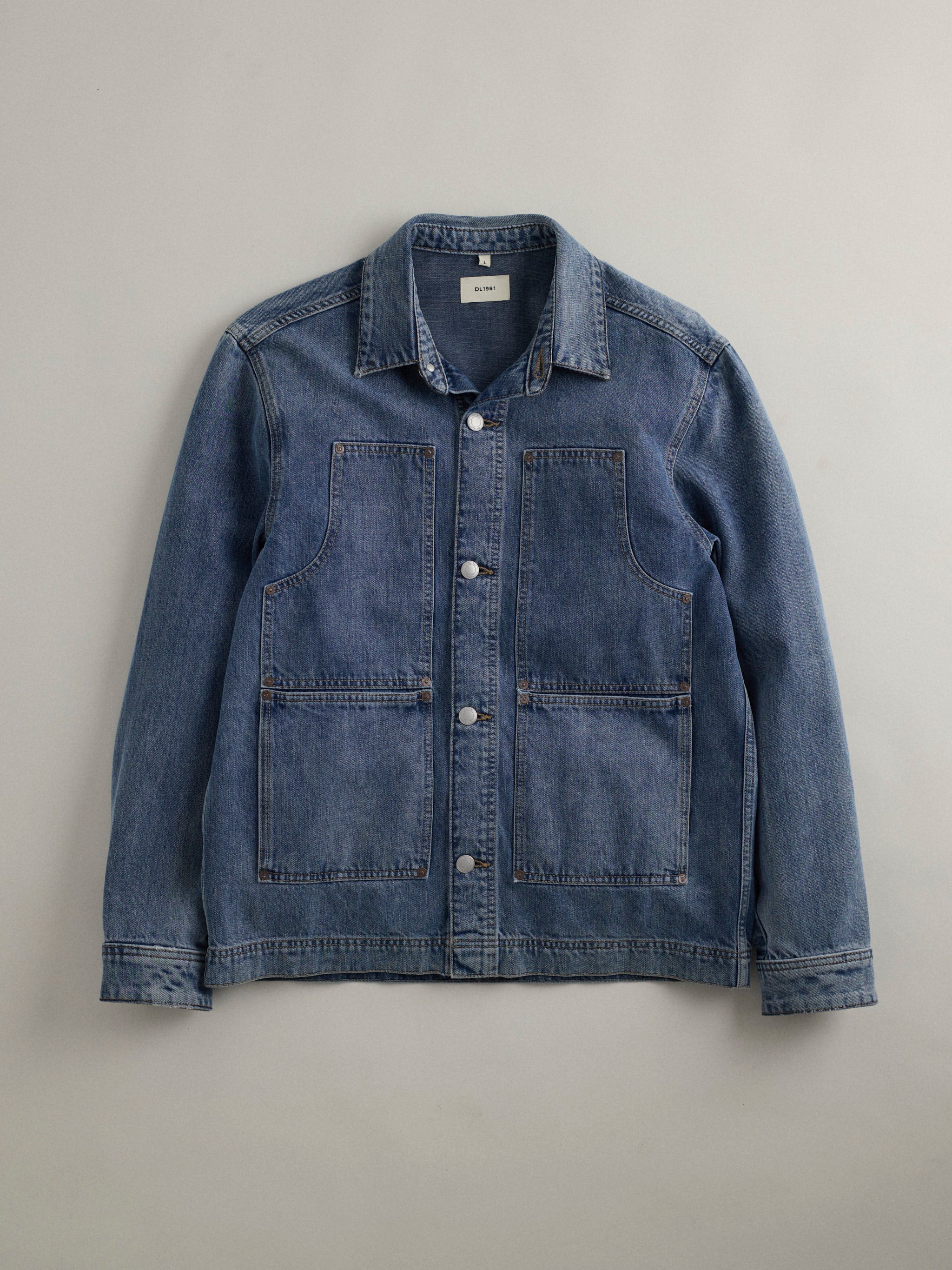DL1961 men's Sean Denim Shirt Jacket in blue 'Atwood', flat lay front view with patch pockets.