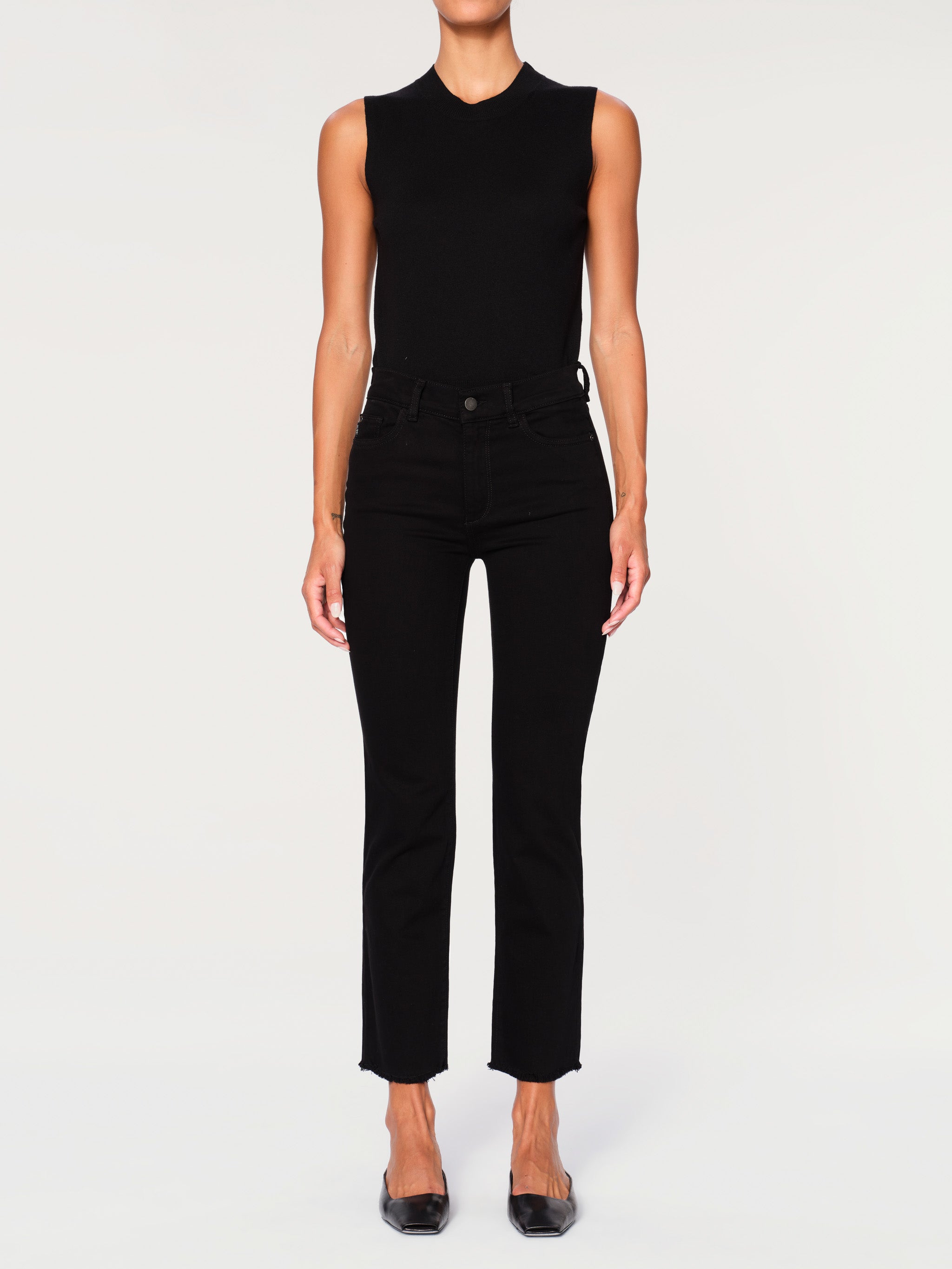 Mara Straight Mid Rise Instasculpt Ankle Jeans | Black Peached Raw