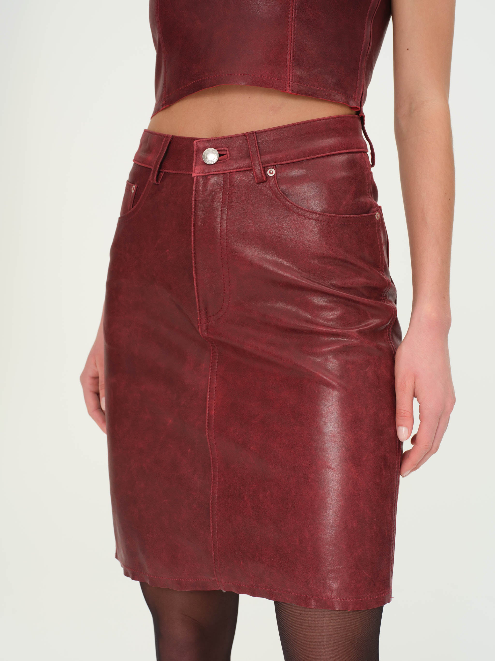 Mid length dark red leather skirt hotsell