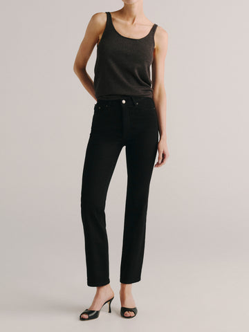 DL1961 Halle Straight high-rise jeans in black 'Black Peach' wash, with a brown knit tank, front view.