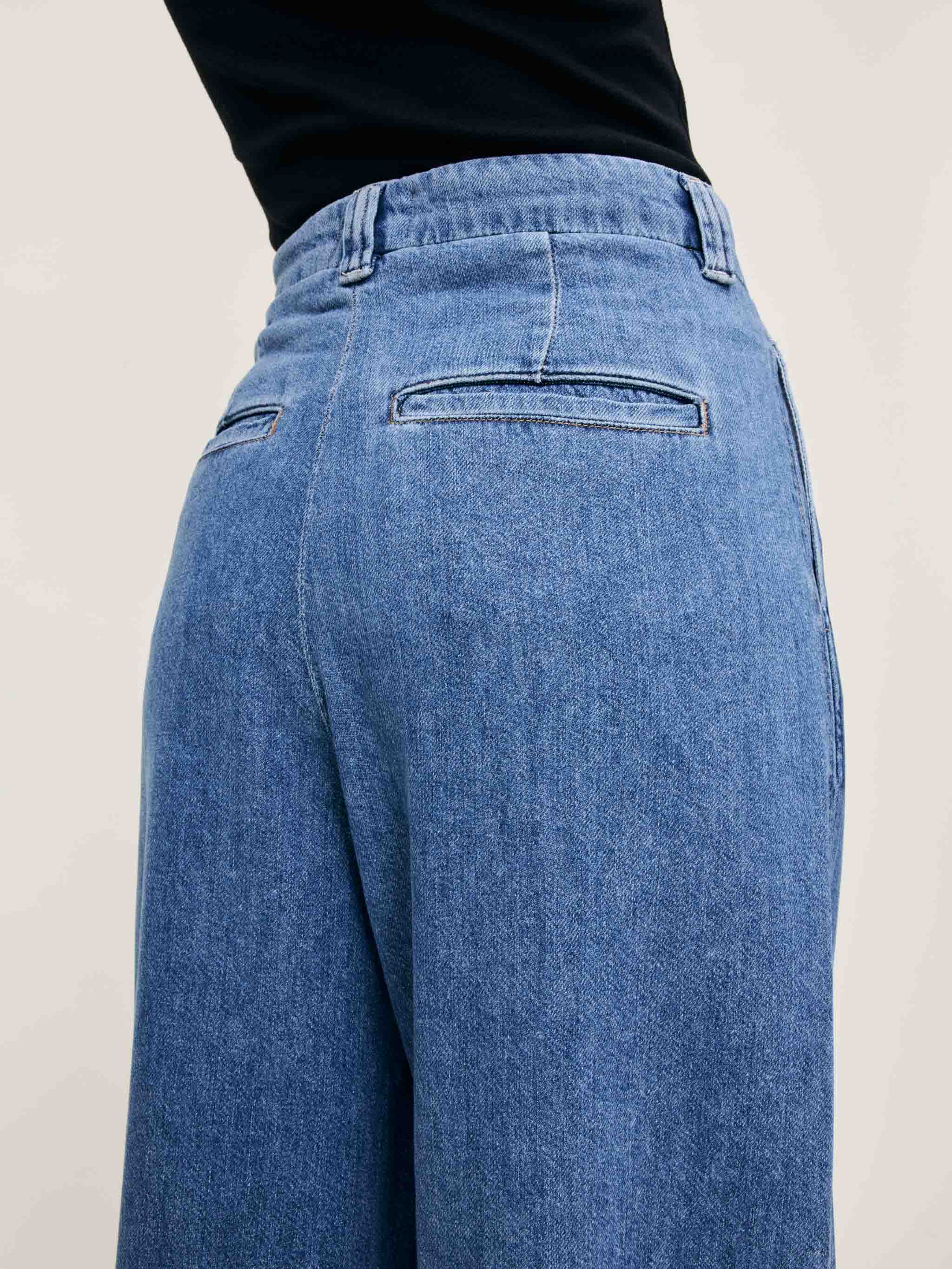 Women's Pleated High Rise Wide Leg Blue Ankle Jeans