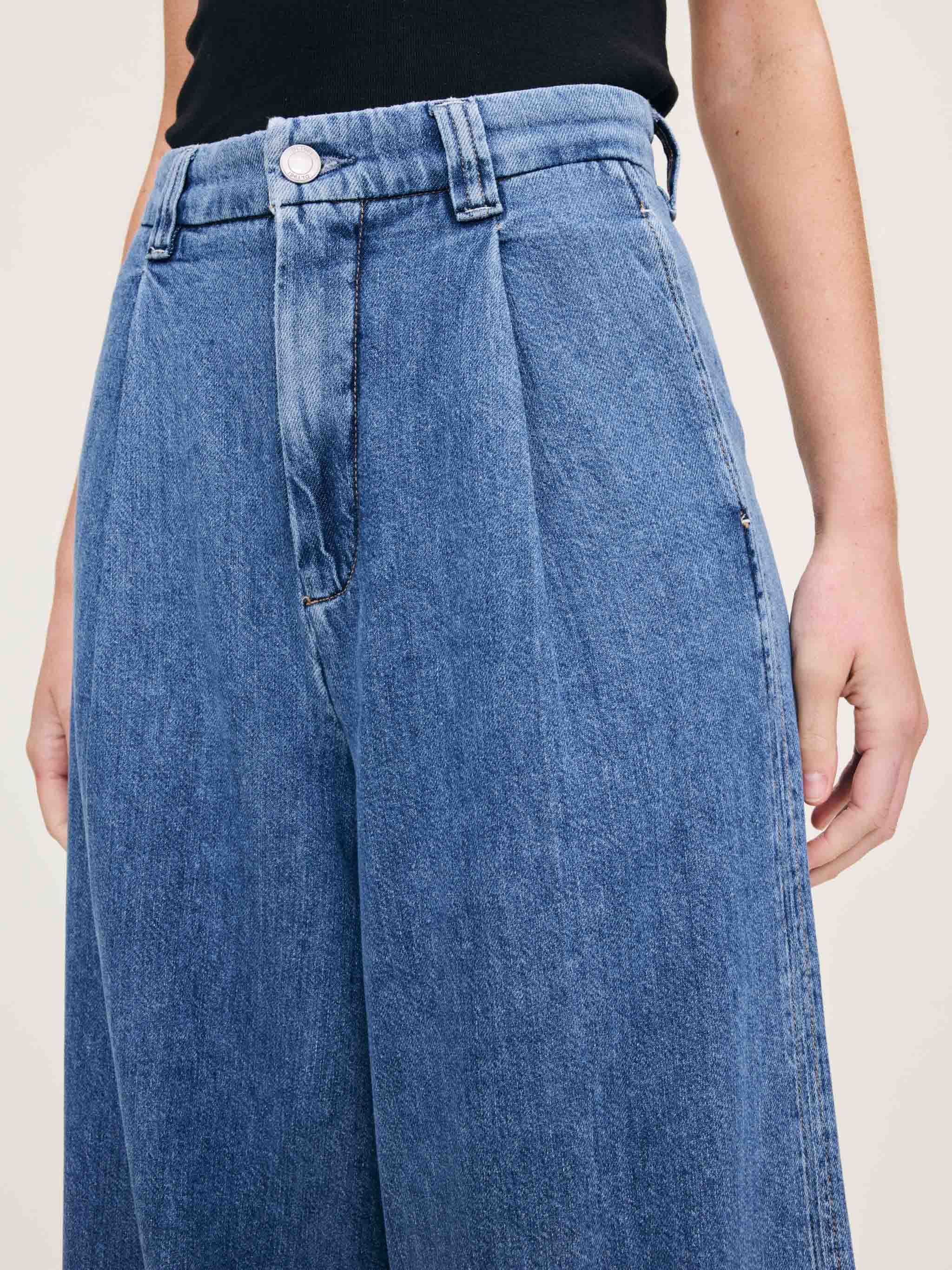 Women's Pleated High Rise Wide Leg Blue Ankle Jeans