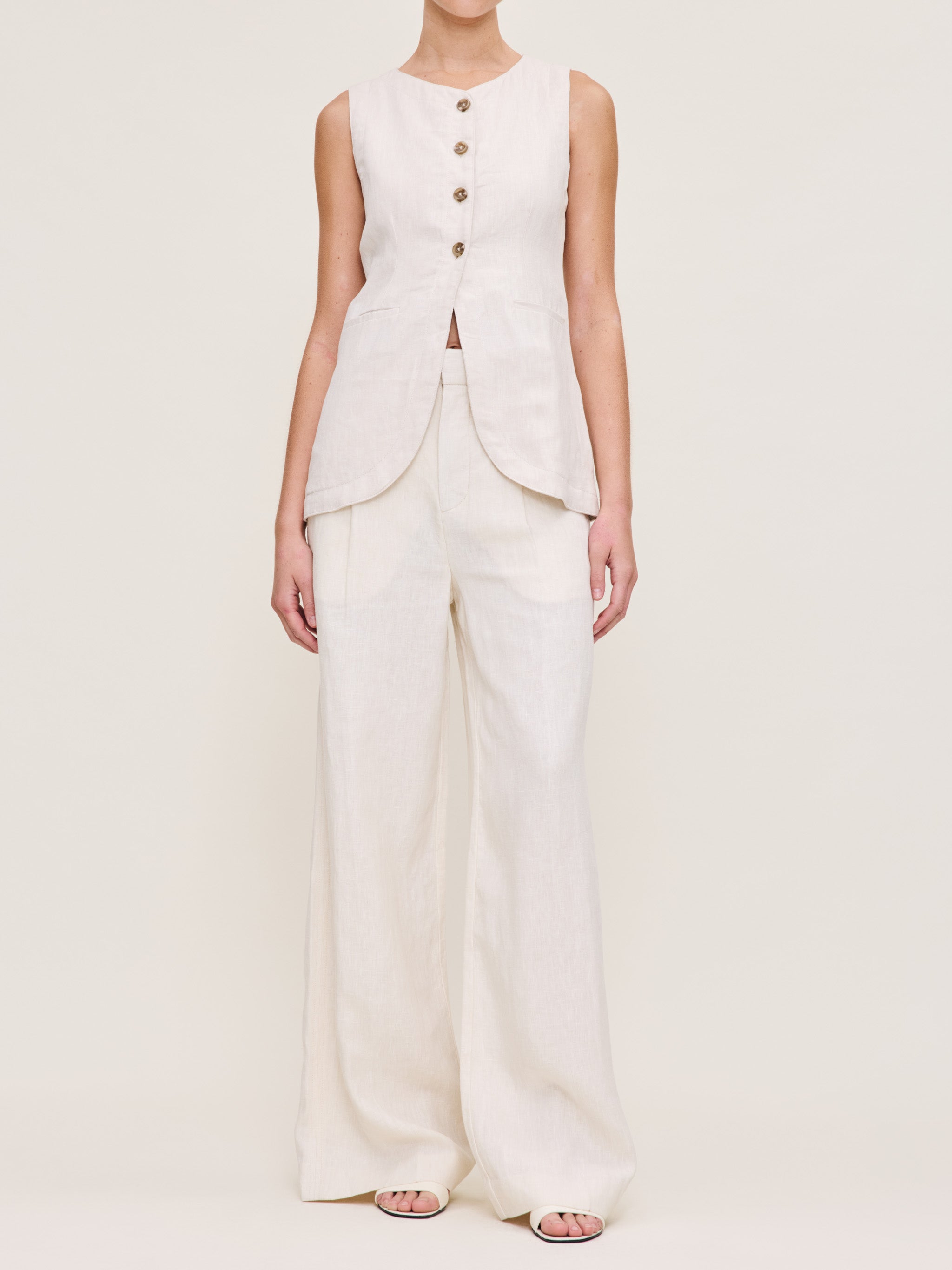 Women's Off-White High Rise Wide Leg Linen Pants