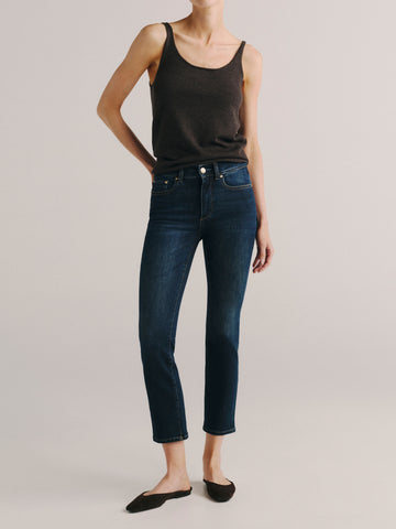 DL1961 women's Mara Straight Mid-Rise Ankle jeans in dark blue 'Eastside', front view on model.