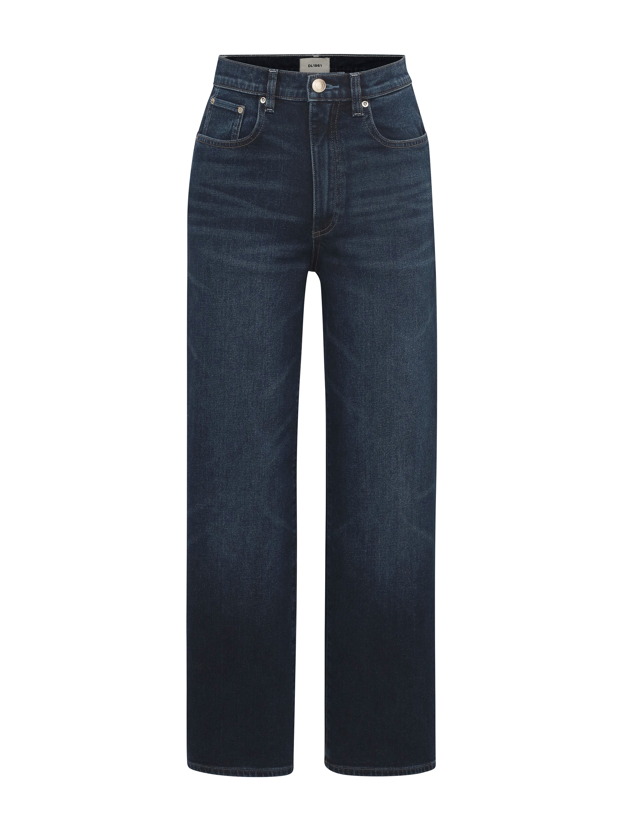 Karmine Stretch jeans in Dark Sea, ghost-mannequin product shot on white, front view.