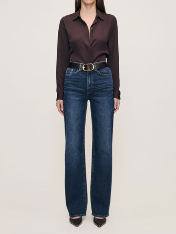 DL1961 Karmine Refined Wide Leg high-rise jeans in dark indigo 'Dark Sea' wash, front view.