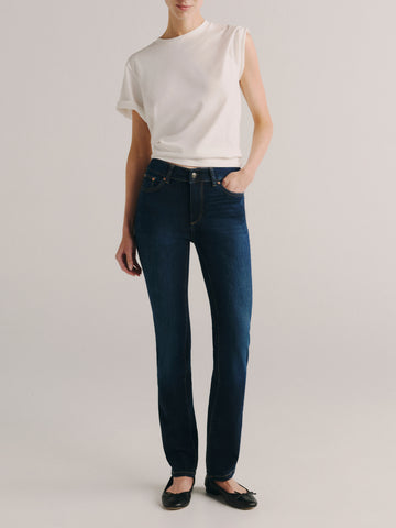 DL1961 women's Mara Straight Mid-Rise jeans in dark blue 'Eastside', front view on model.