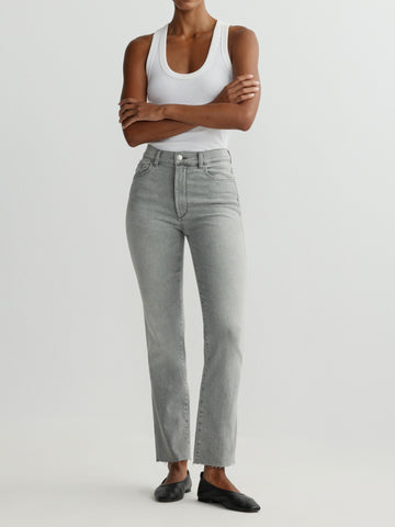 DL1961 Halle Straight high-rise jeans in light grey 'Lt Smoke' wash, front view with raw hem.