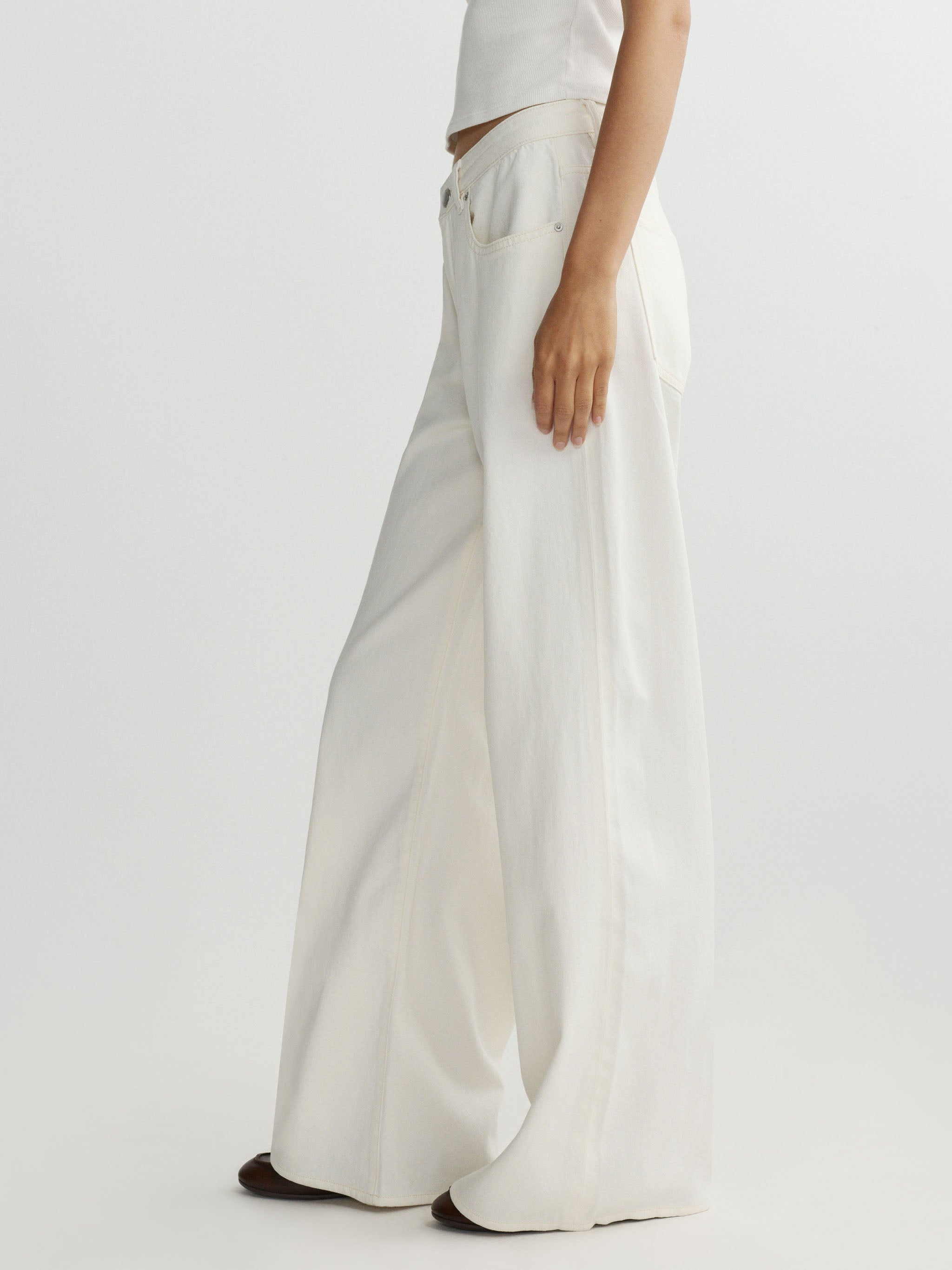 White wide-leg pants worn by a person on a white background