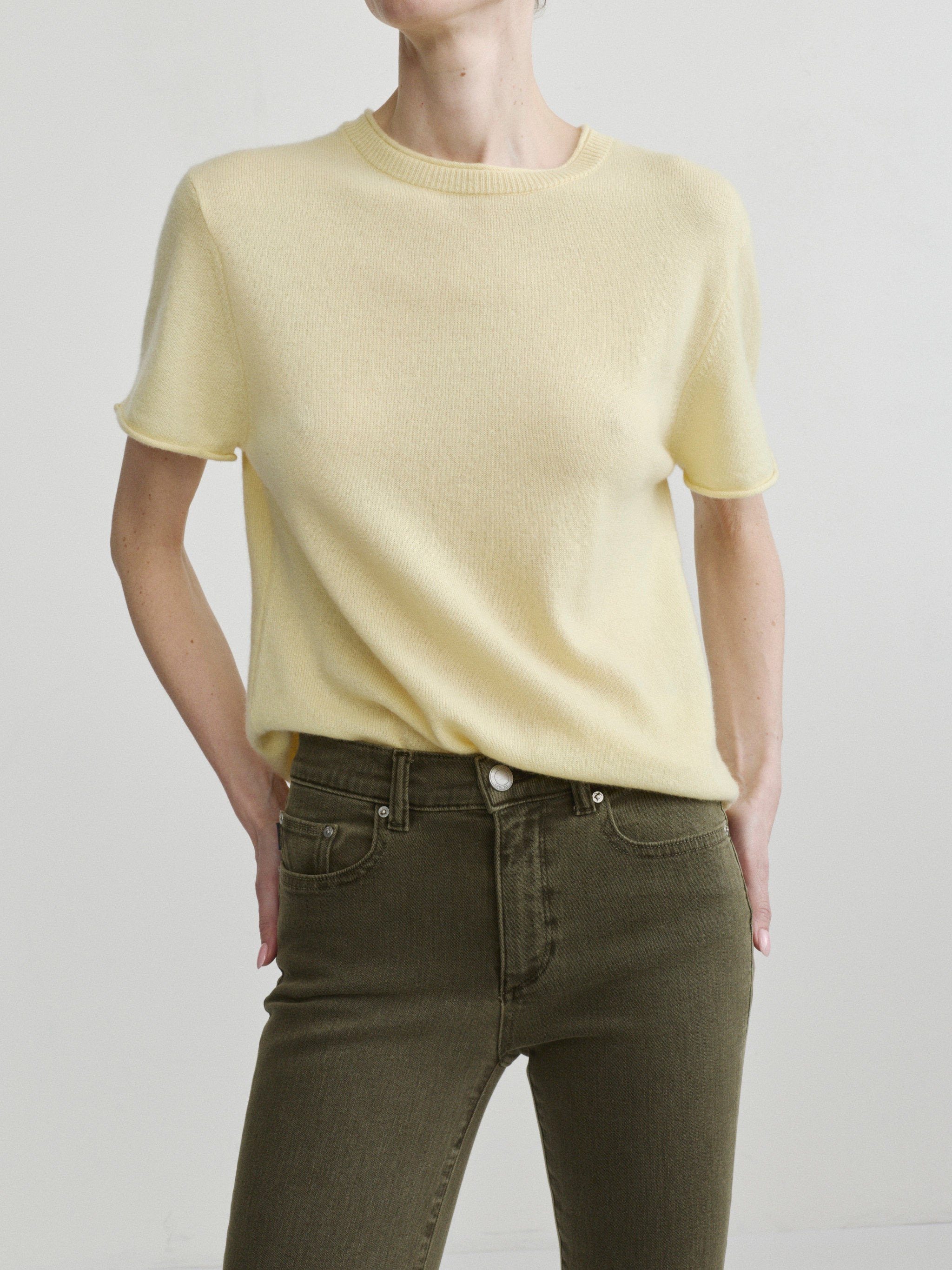 Mara Straight jeans in Pine with Knit Tee in Moonlight on a model, front portrait view in studio.