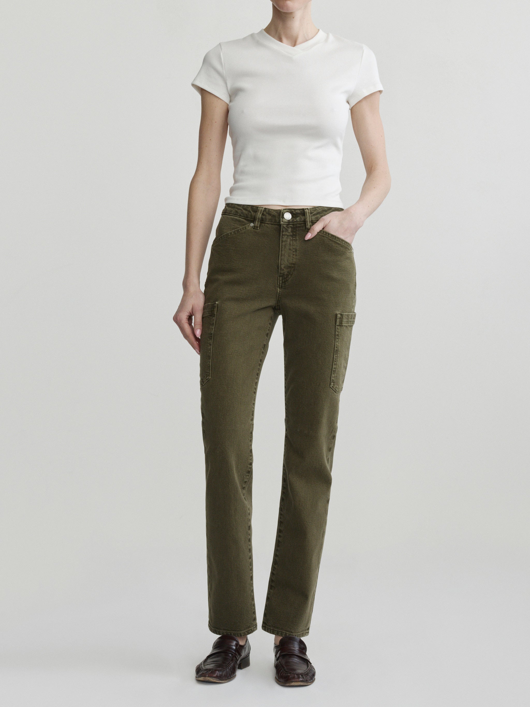 Devon Cigarette jeans in Pine with white tee on a model, full-length front view in studio.