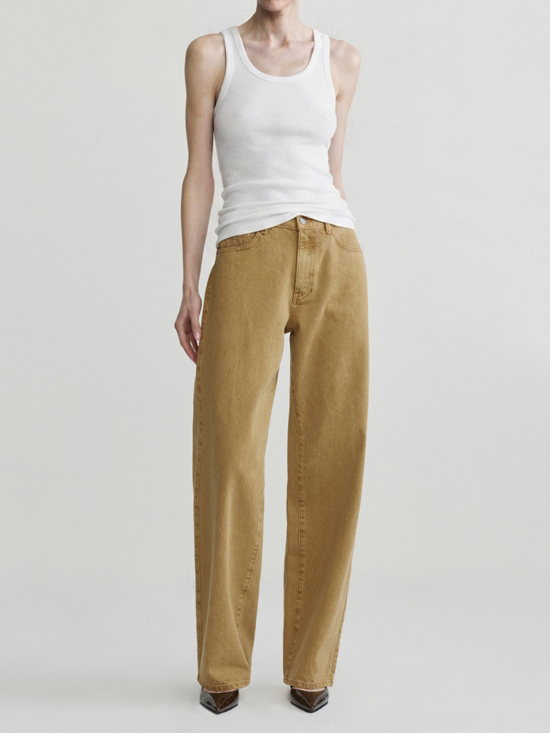 Kaylen Soft Curve jeans in Savannas styled with a white tank top, full-length front view.