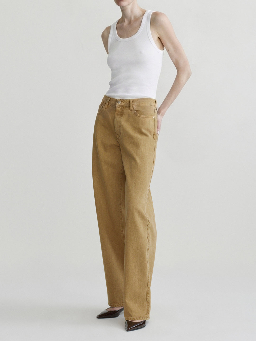 Kaylen Soft Curve jeans in Savannas with a white tank top, model in three-quarter front view.