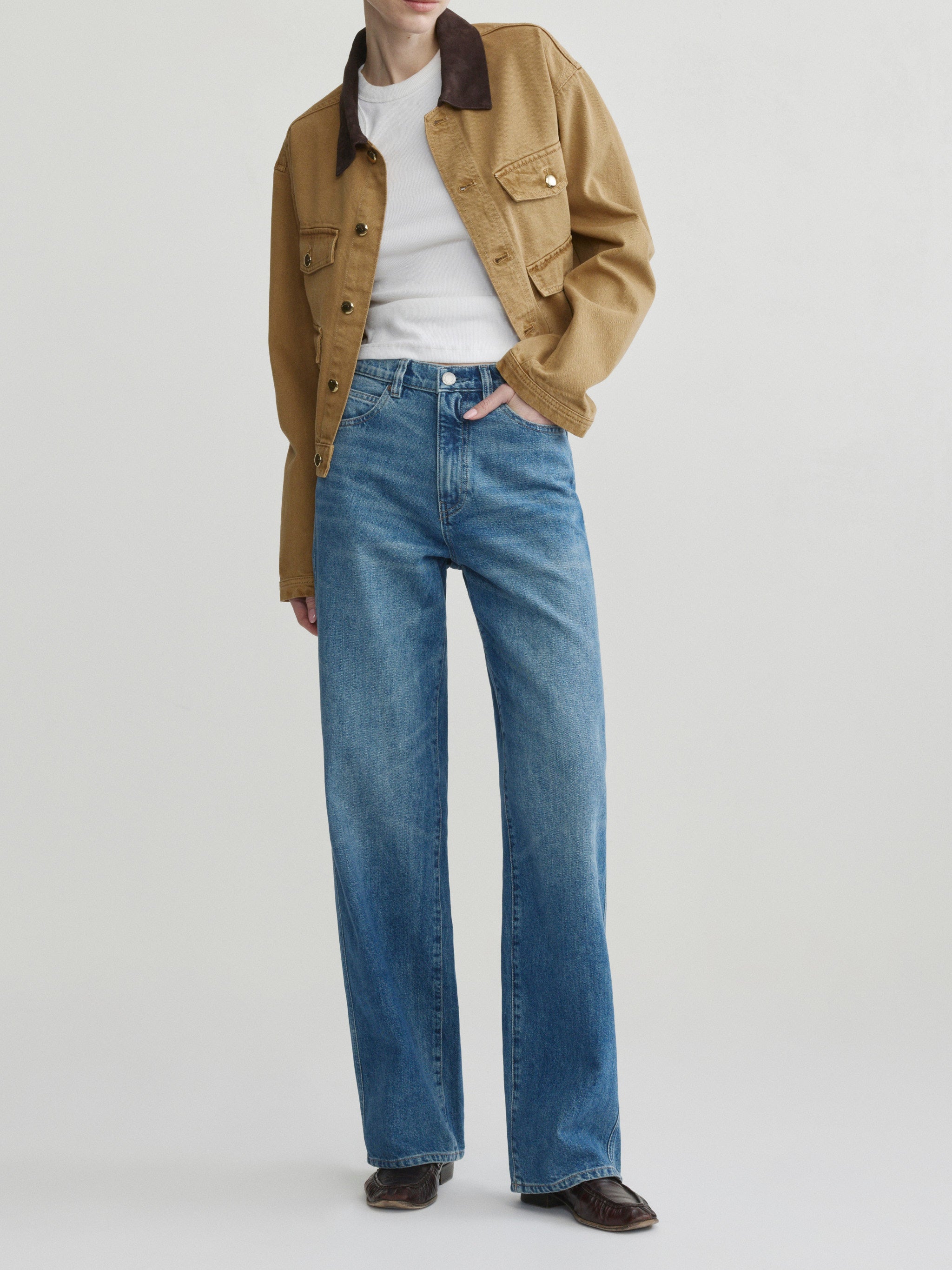 Kaylen Soft Curve jeans in Authentic with the Boxy Denim Jacket in Savannas, full-length front view on model.