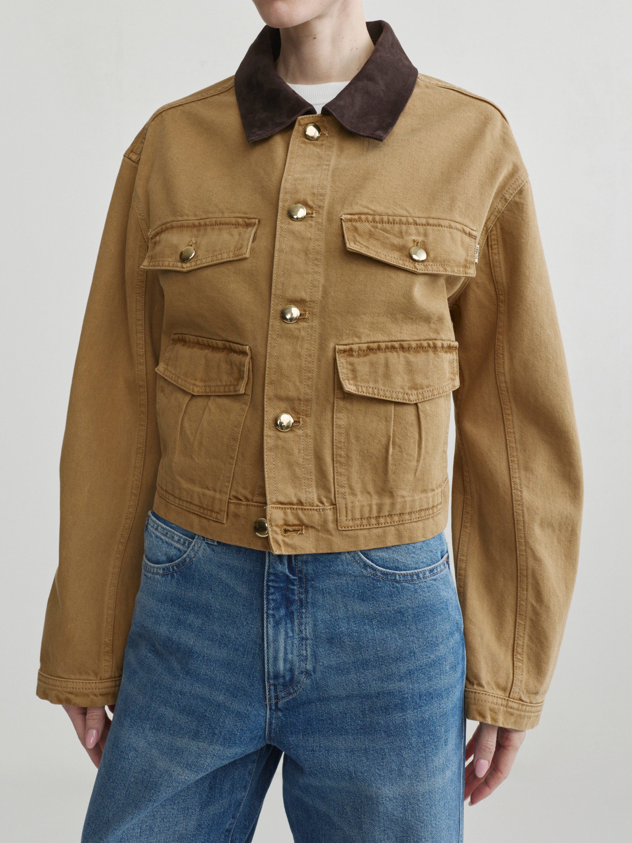 Kaylen Soft Curve jeans in Authentic with the Boxy Denim Jacket in Savannas, front portrait crop on model.
