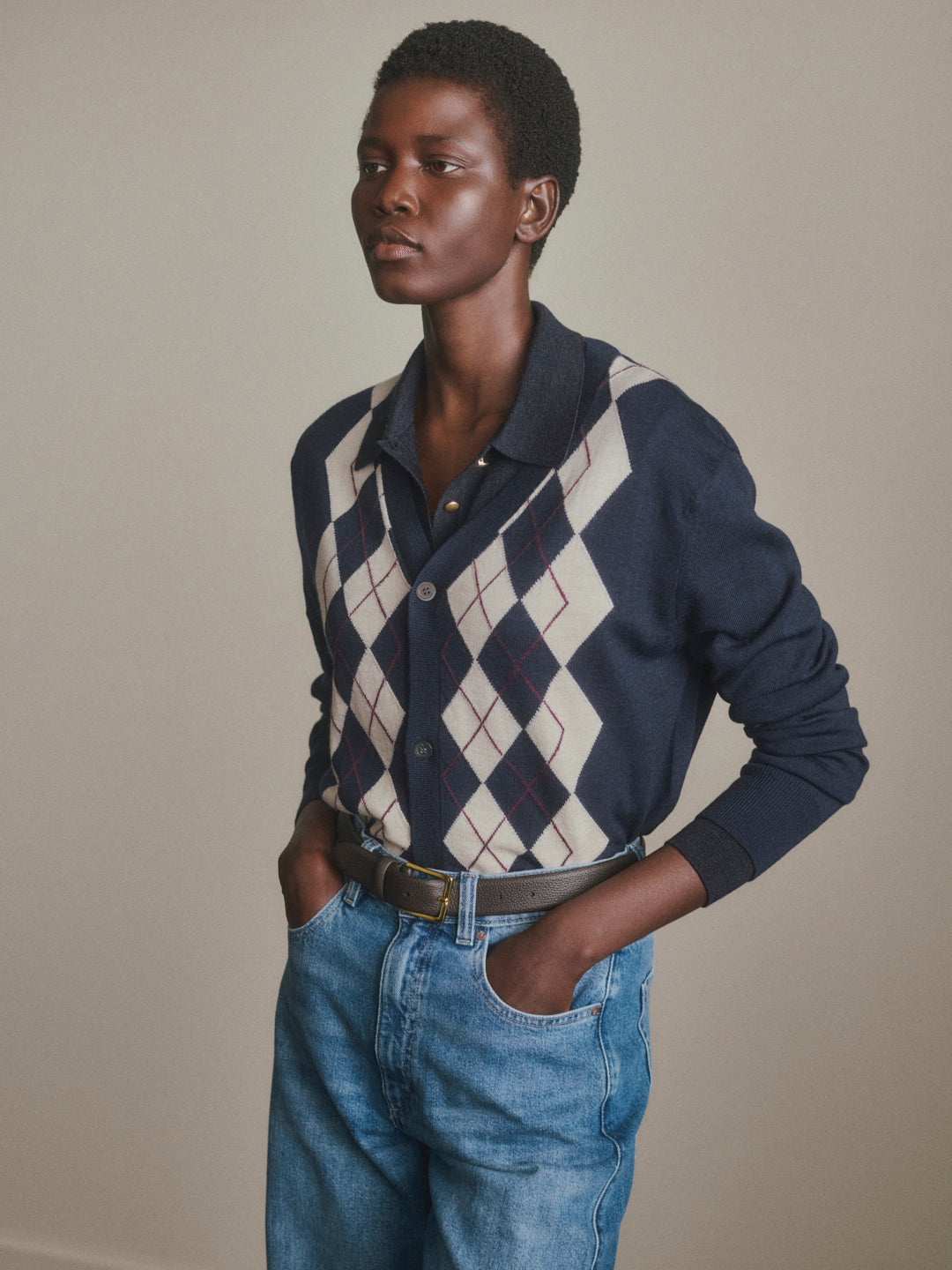 V-Neck Cardigan | Navy Argyle
