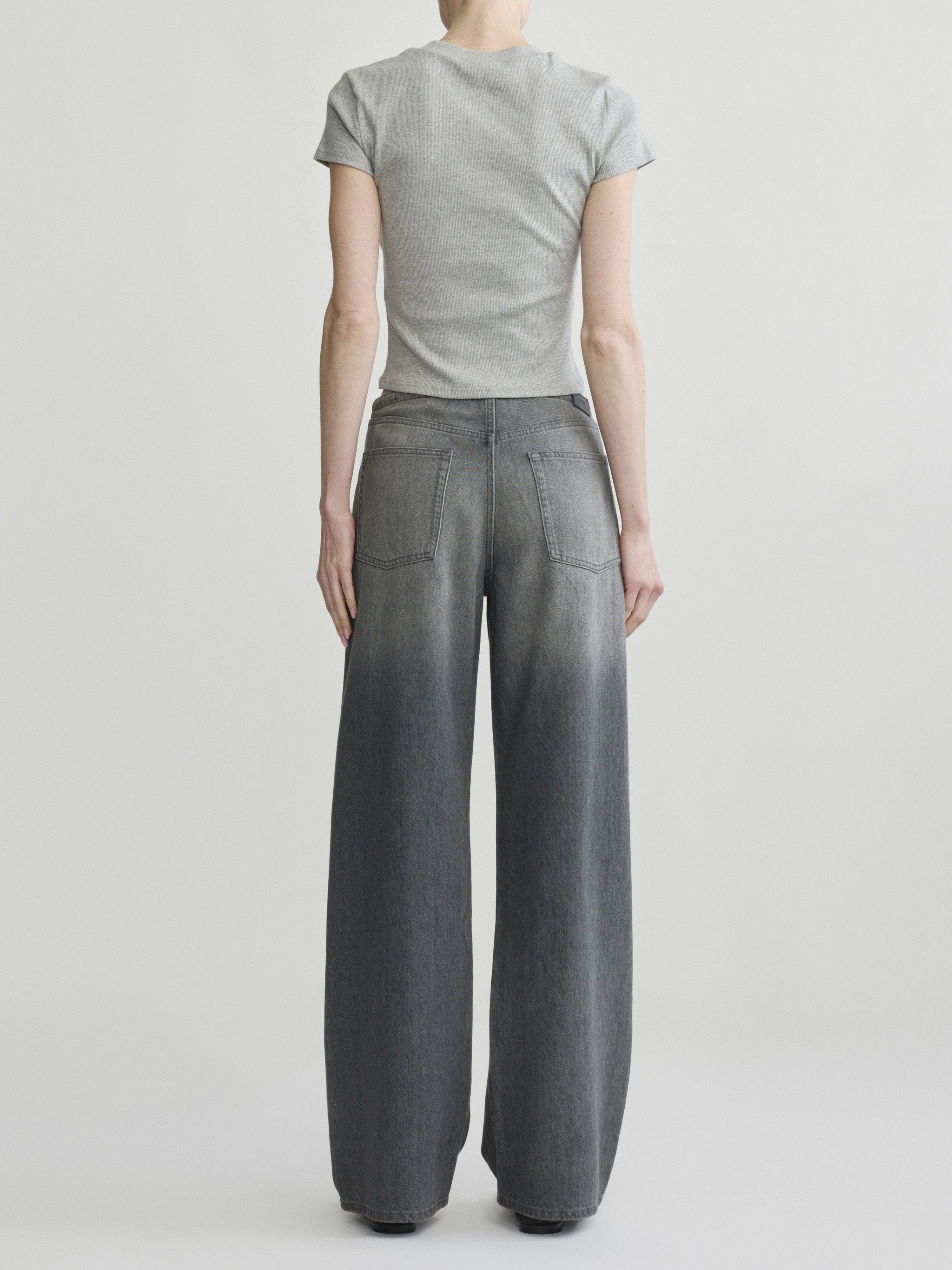 Sienna Low-Slung Wide Leg jeans in Ash Grey Aura on a model with grey tee, full-length back view.