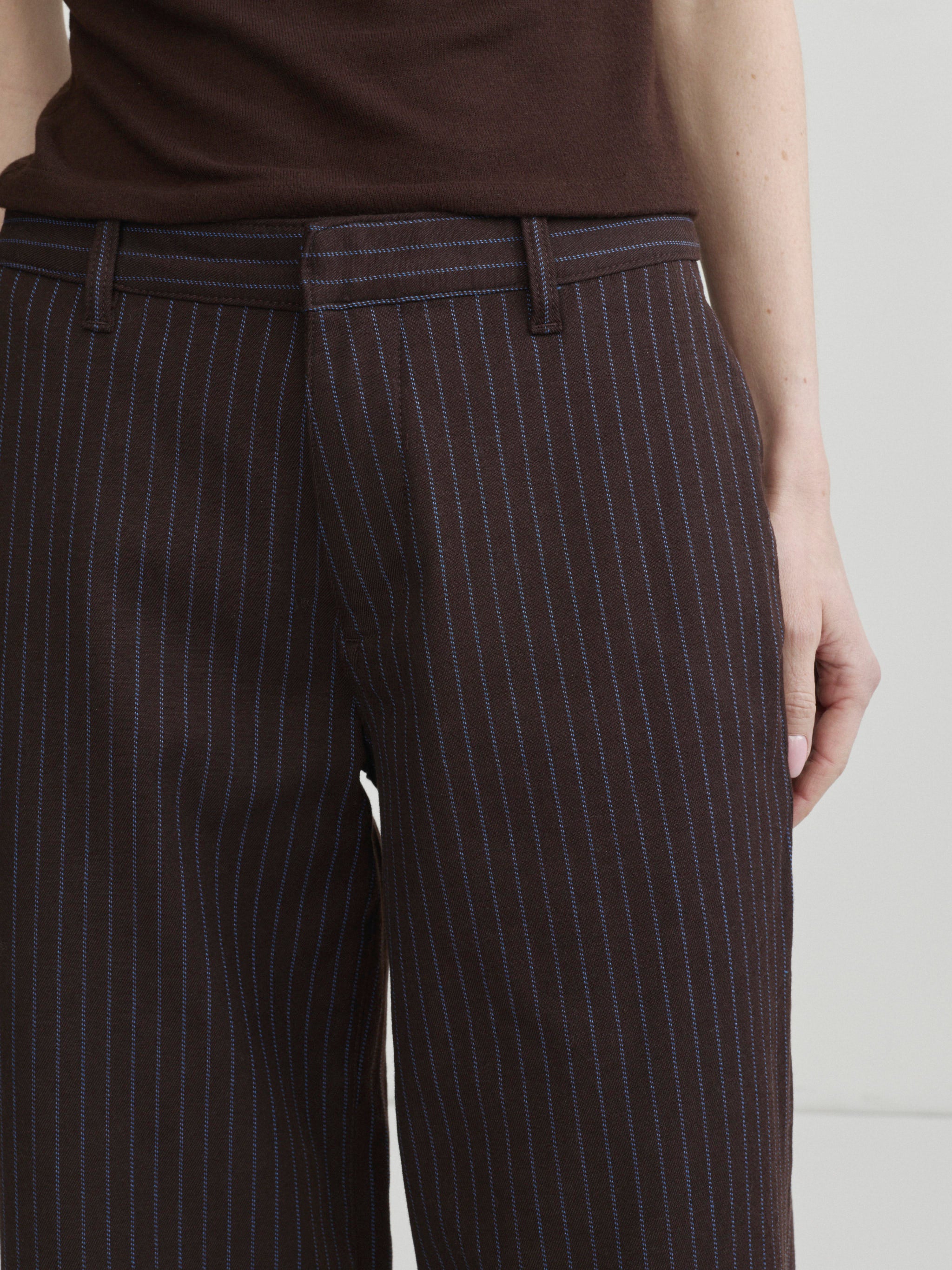 Alex Baggy Wide Leg jeans in Brown Blue Stripe, close-up of pinstripe waistband and belt loops.