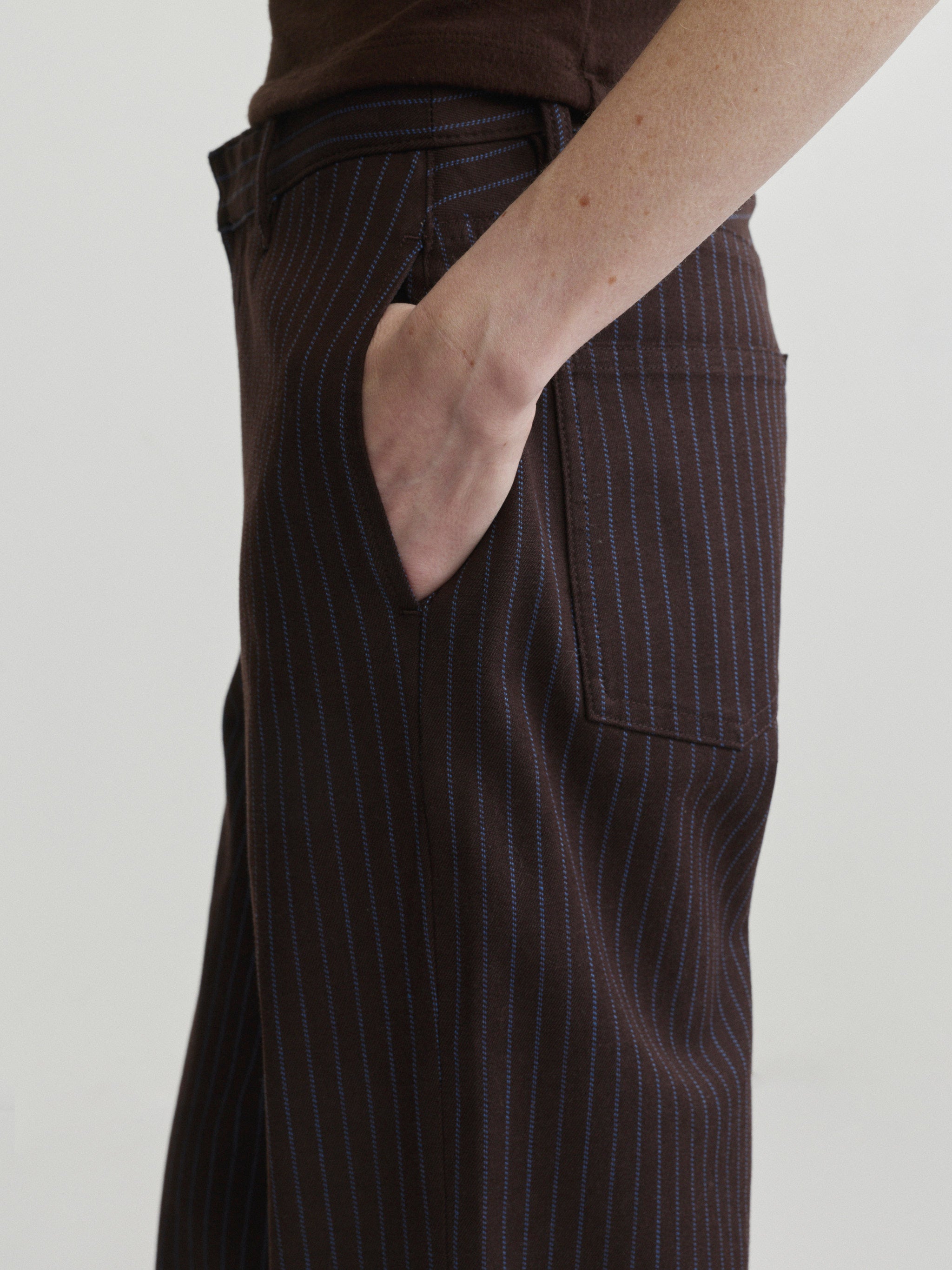Alex Baggy Wide Leg jeans in Brown Blue Stripe, close-up of side pocket with hand in pocket.