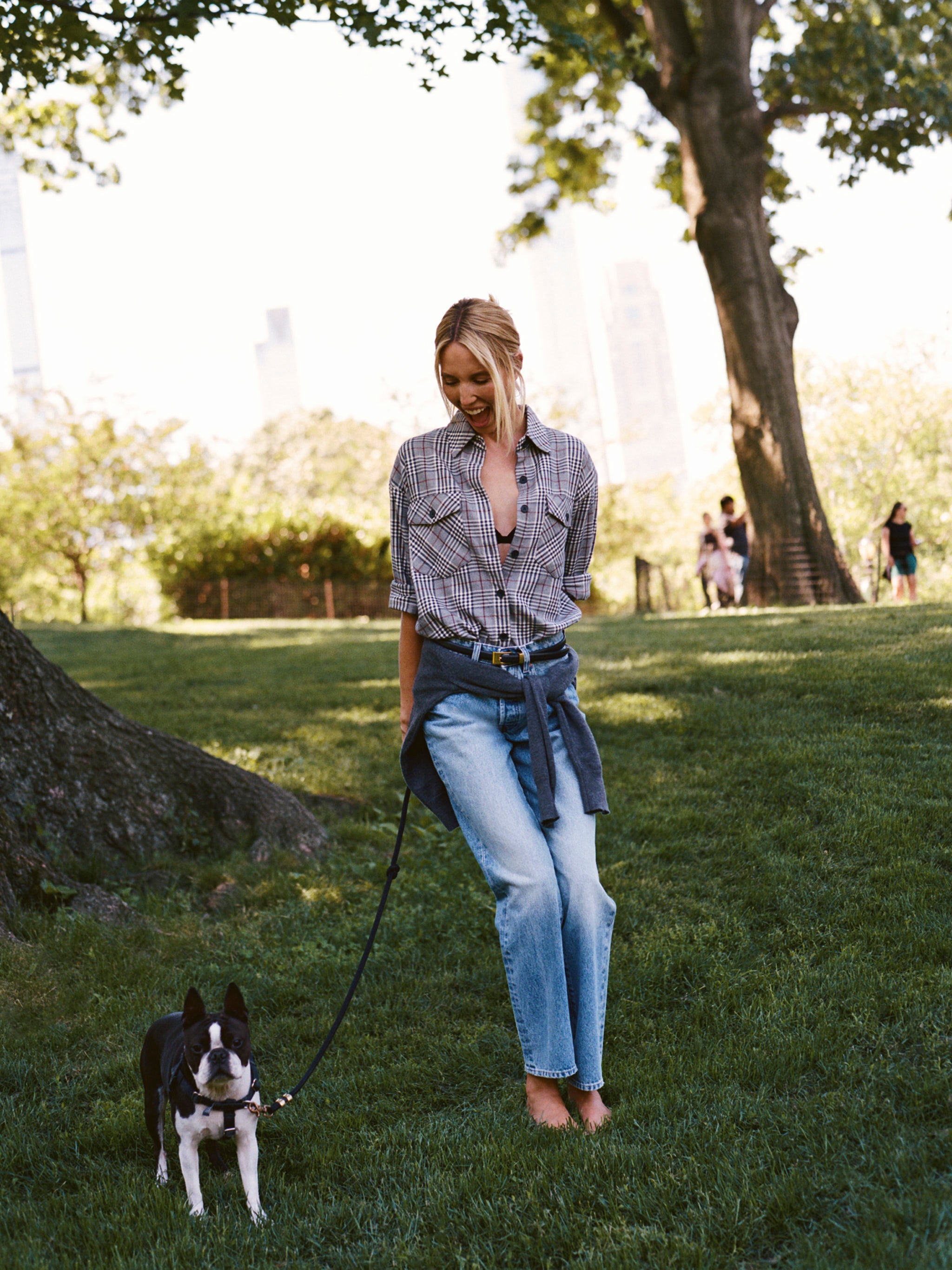 DL1961 x Olympia Addison Overshirt in Navy Prince Check — standing in Central Park, worn with the Slim Straight Jeans in Greece