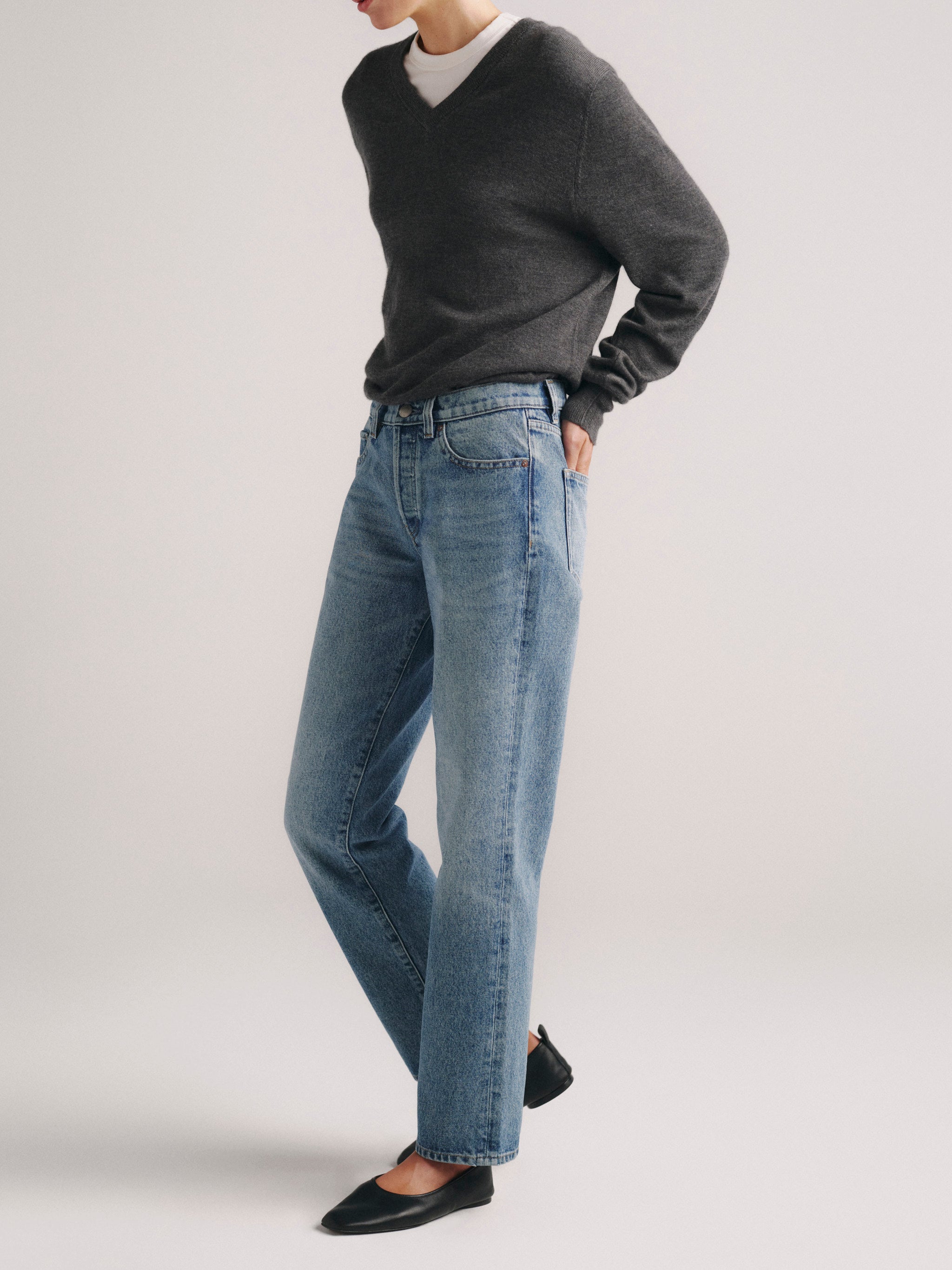 DL1961 x Olympia Slim Straight Jeans in Greece — three-quarter view